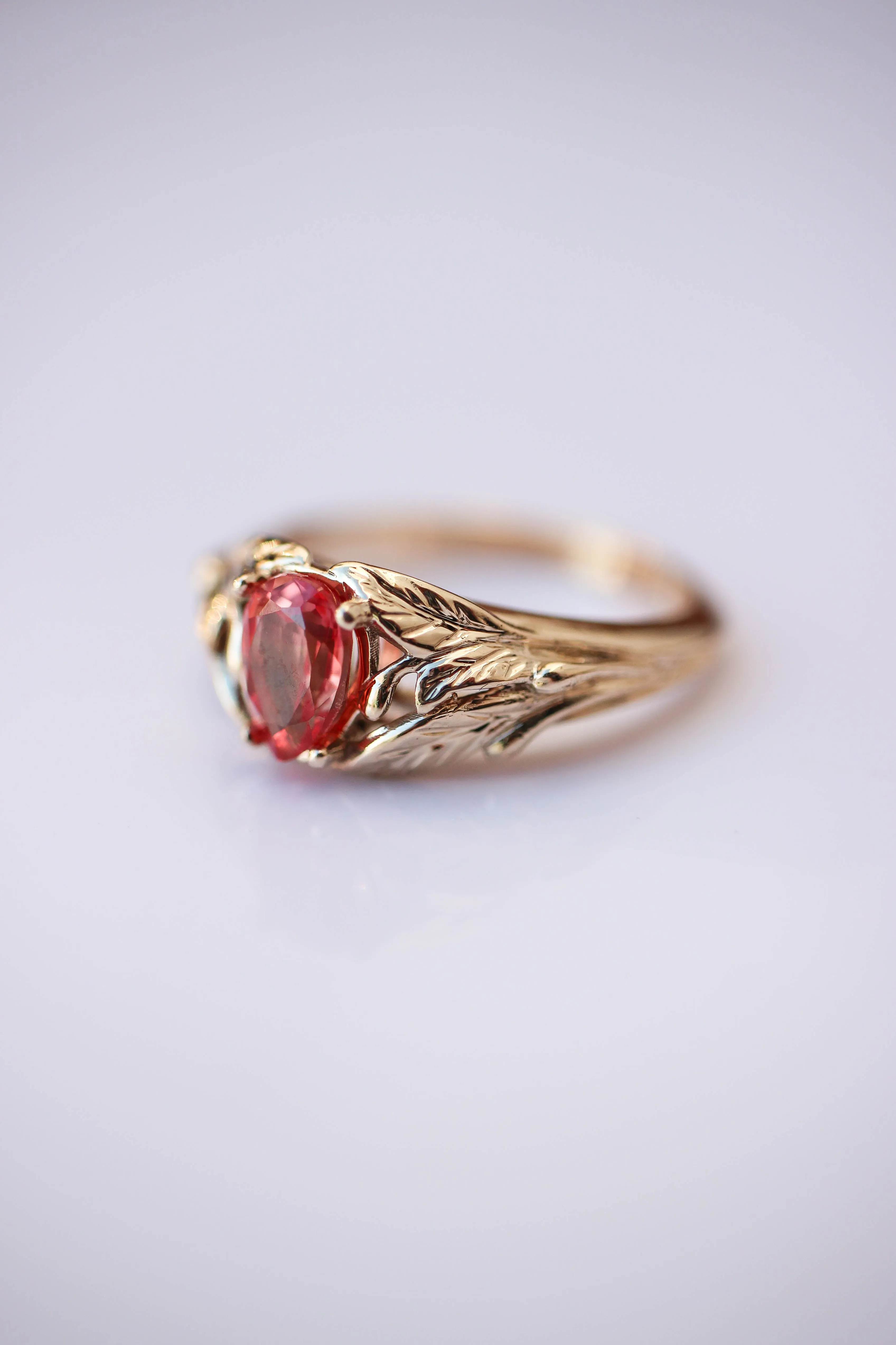 Padparadscha lab sapphire ring, leaves engagement ring / Wisteria