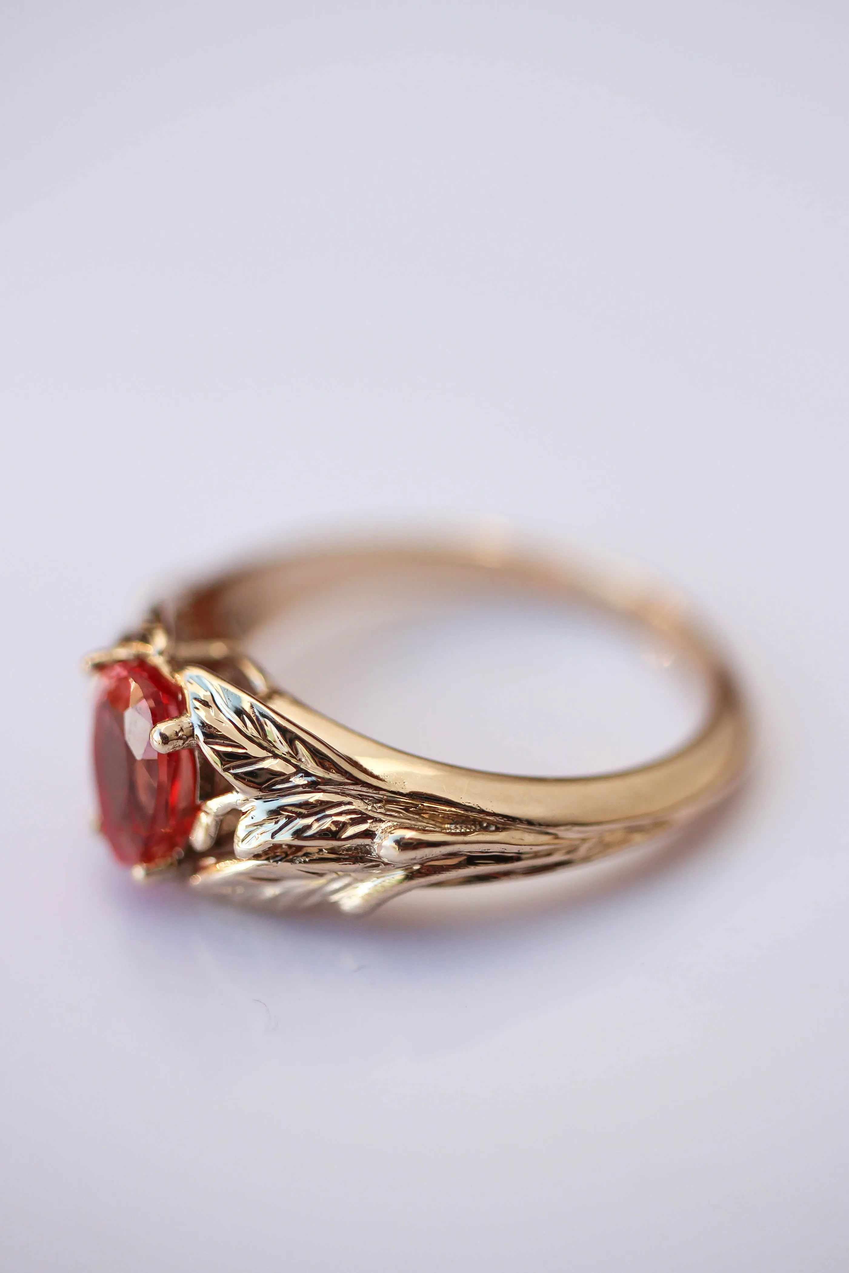 Padparadscha lab sapphire ring, leaves engagement ring / Wisteria