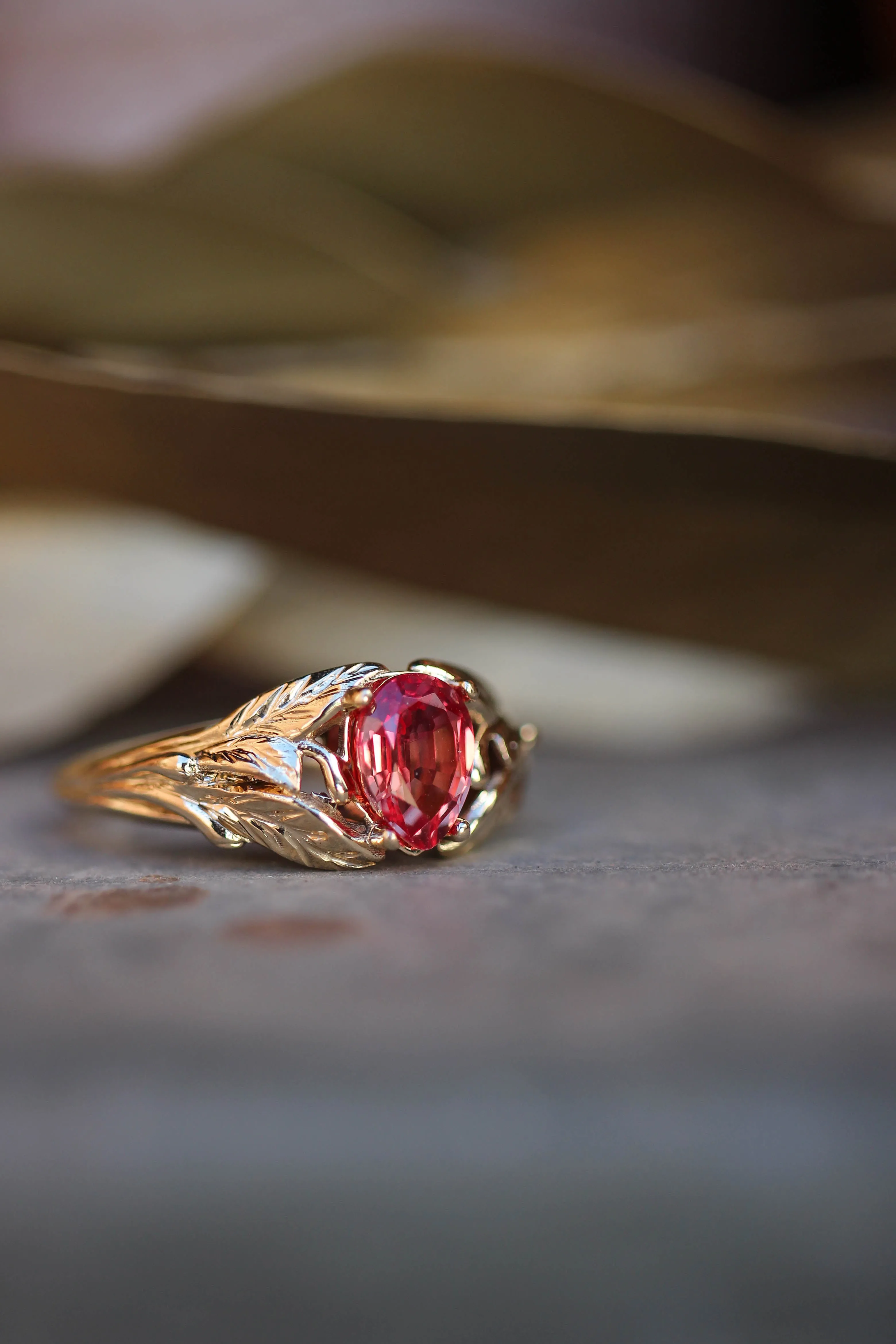 Padparadscha lab sapphire ring, leaves engagement ring / Wisteria