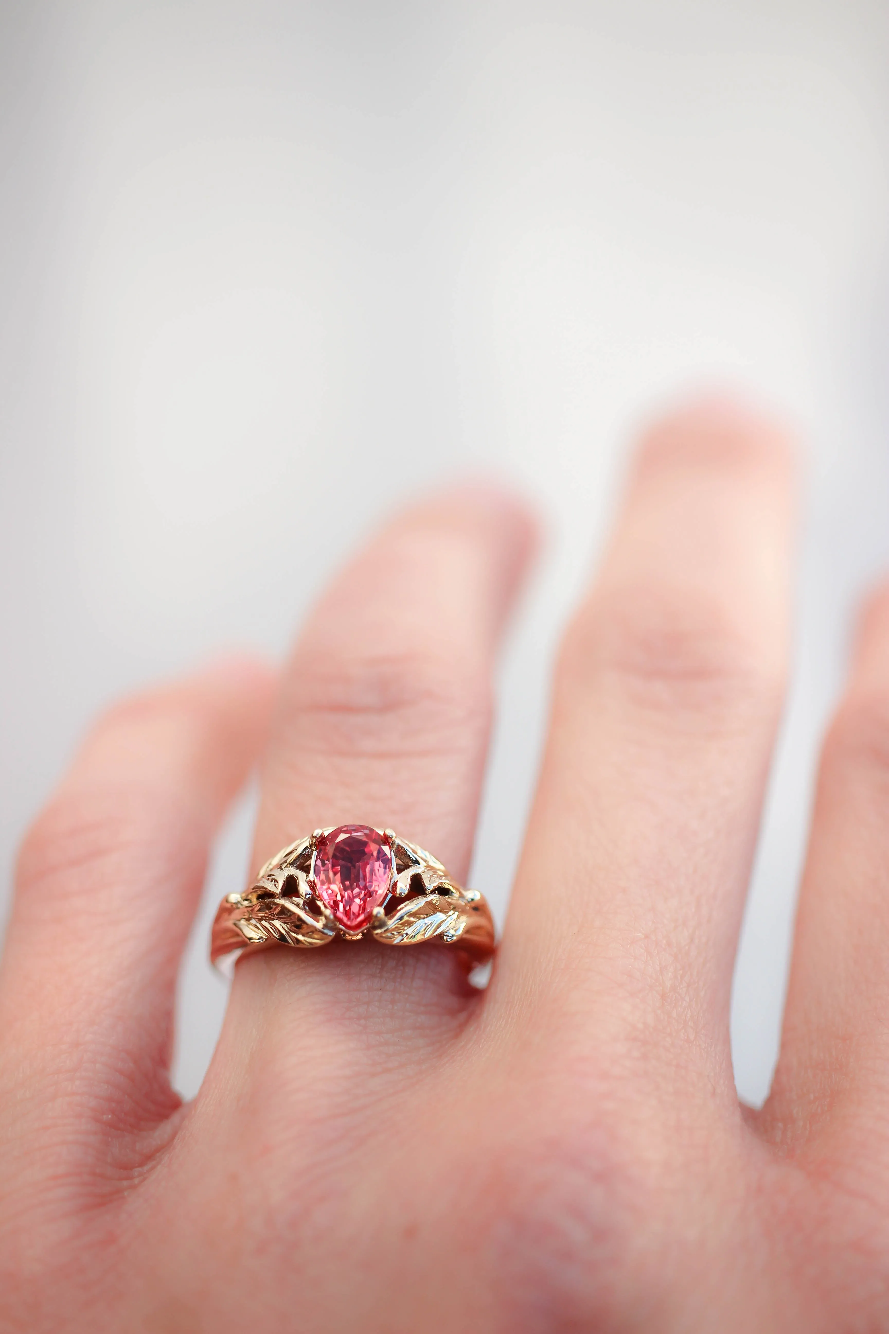 Padparadscha lab sapphire ring, leaves engagement ring / Wisteria