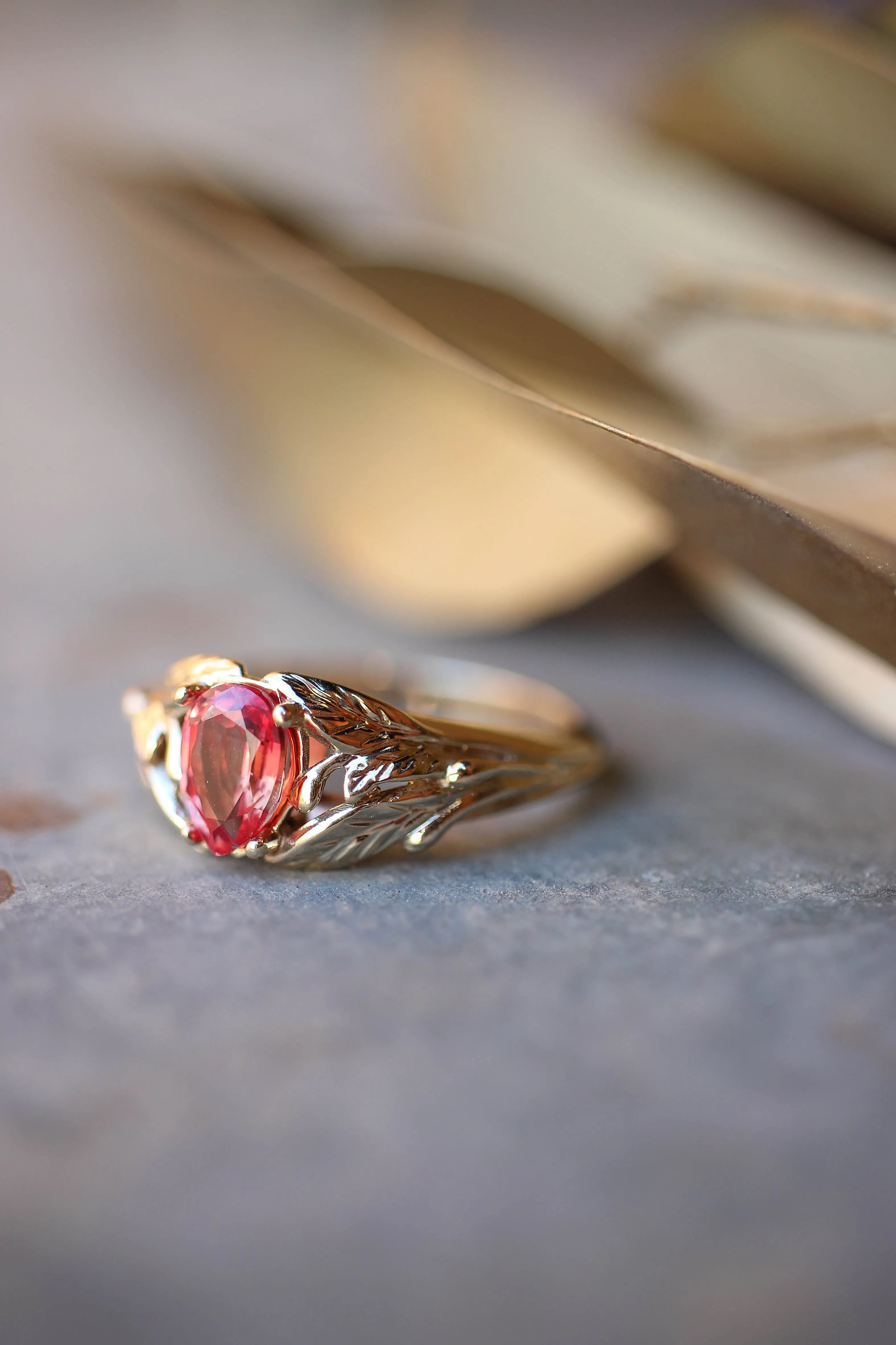 Padparadscha lab sapphire ring, leaves engagement ring / Wisteria