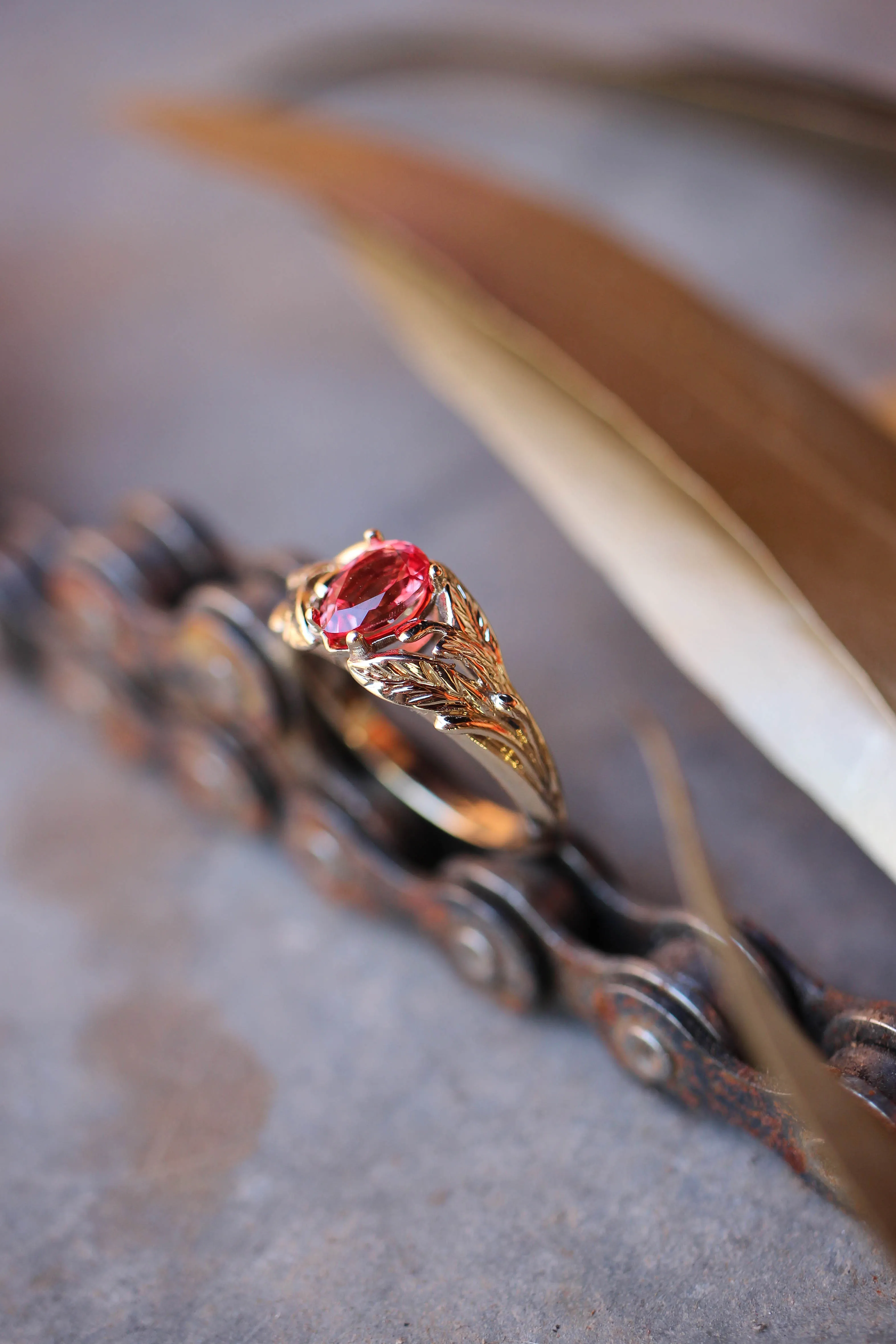 Padparadscha lab sapphire ring, leaves engagement ring / Wisteria