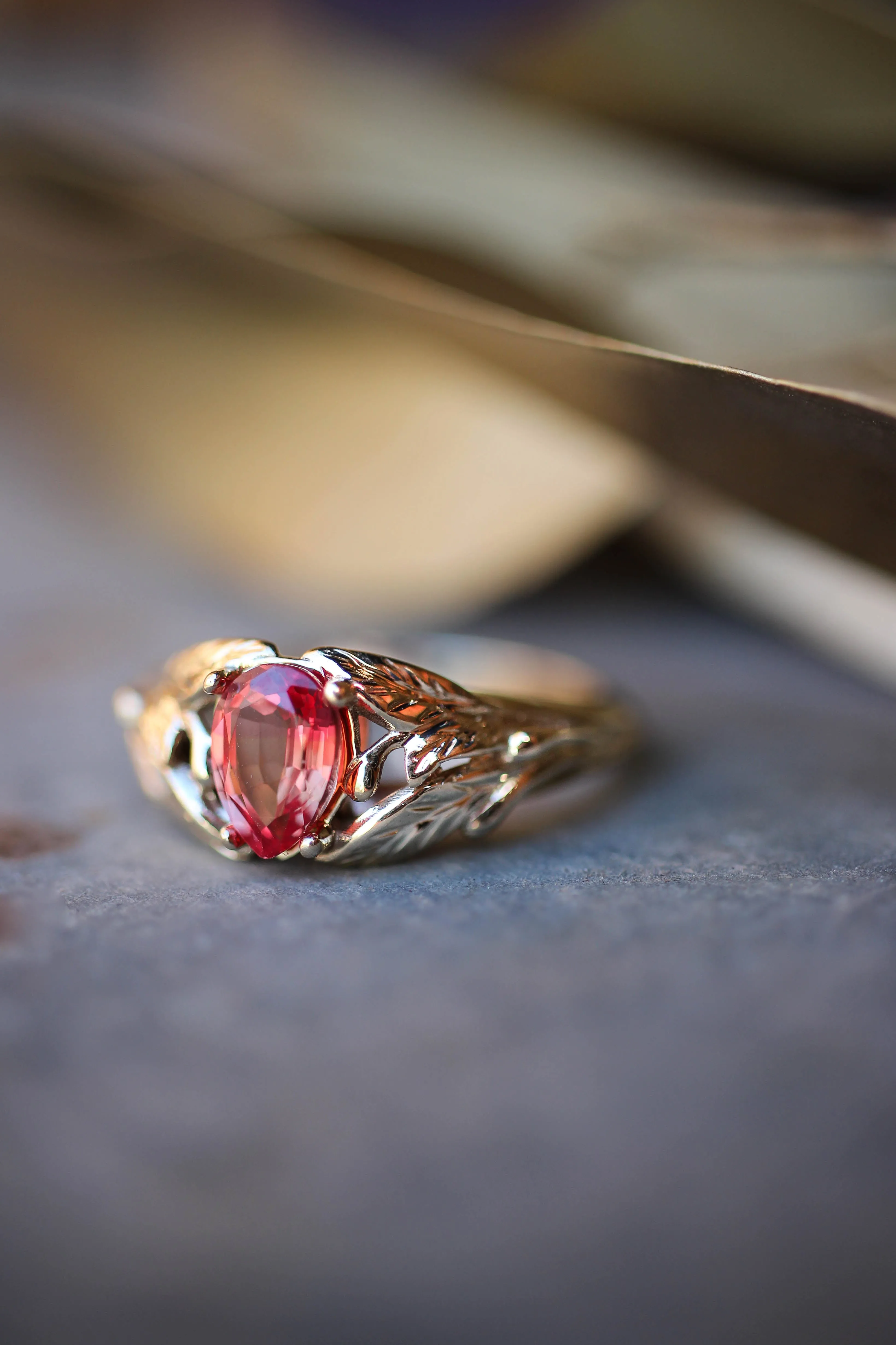 Padparadscha lab sapphire ring, leaves engagement ring / Wisteria