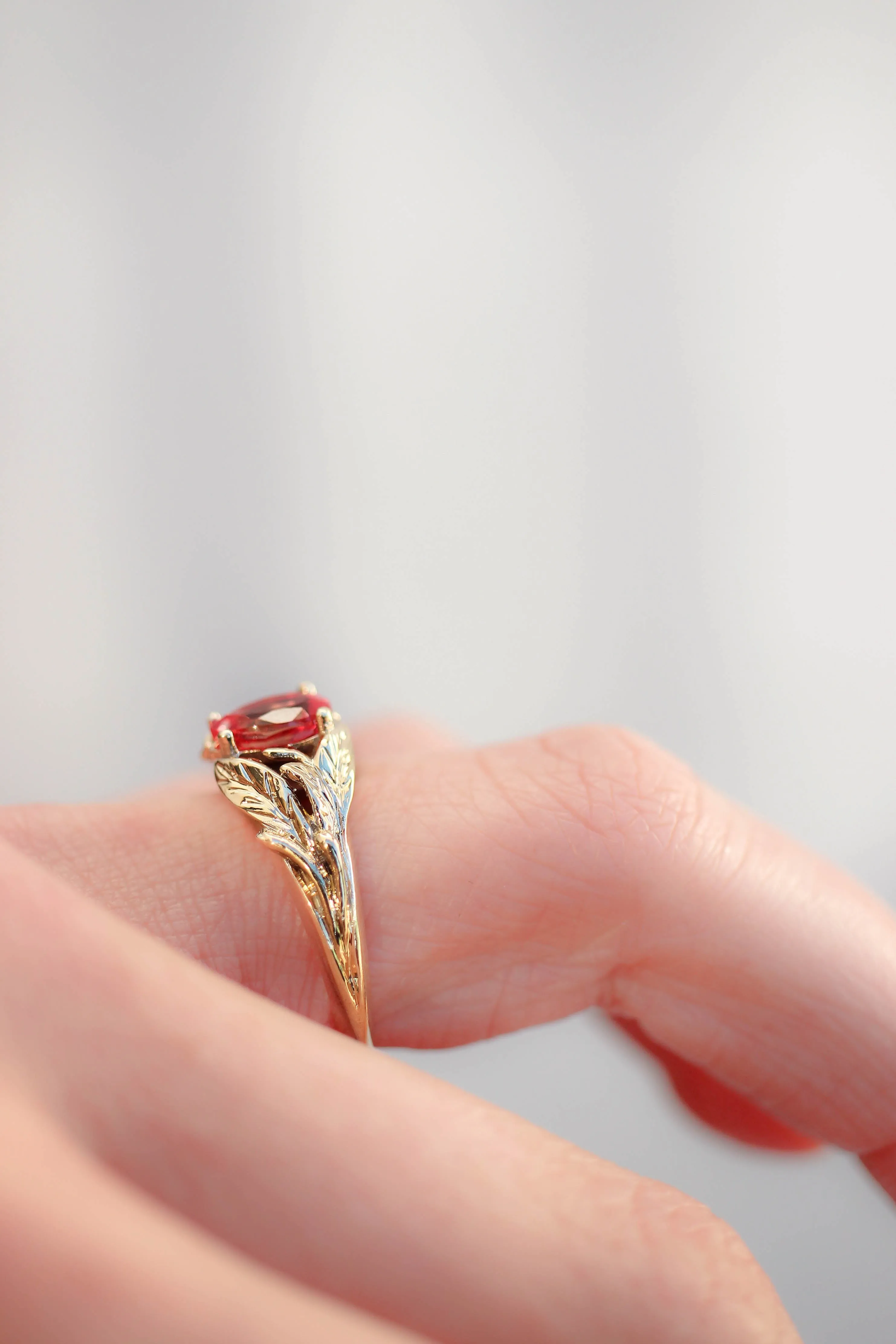 Padparadscha lab sapphire ring, leaves engagement ring / Wisteria