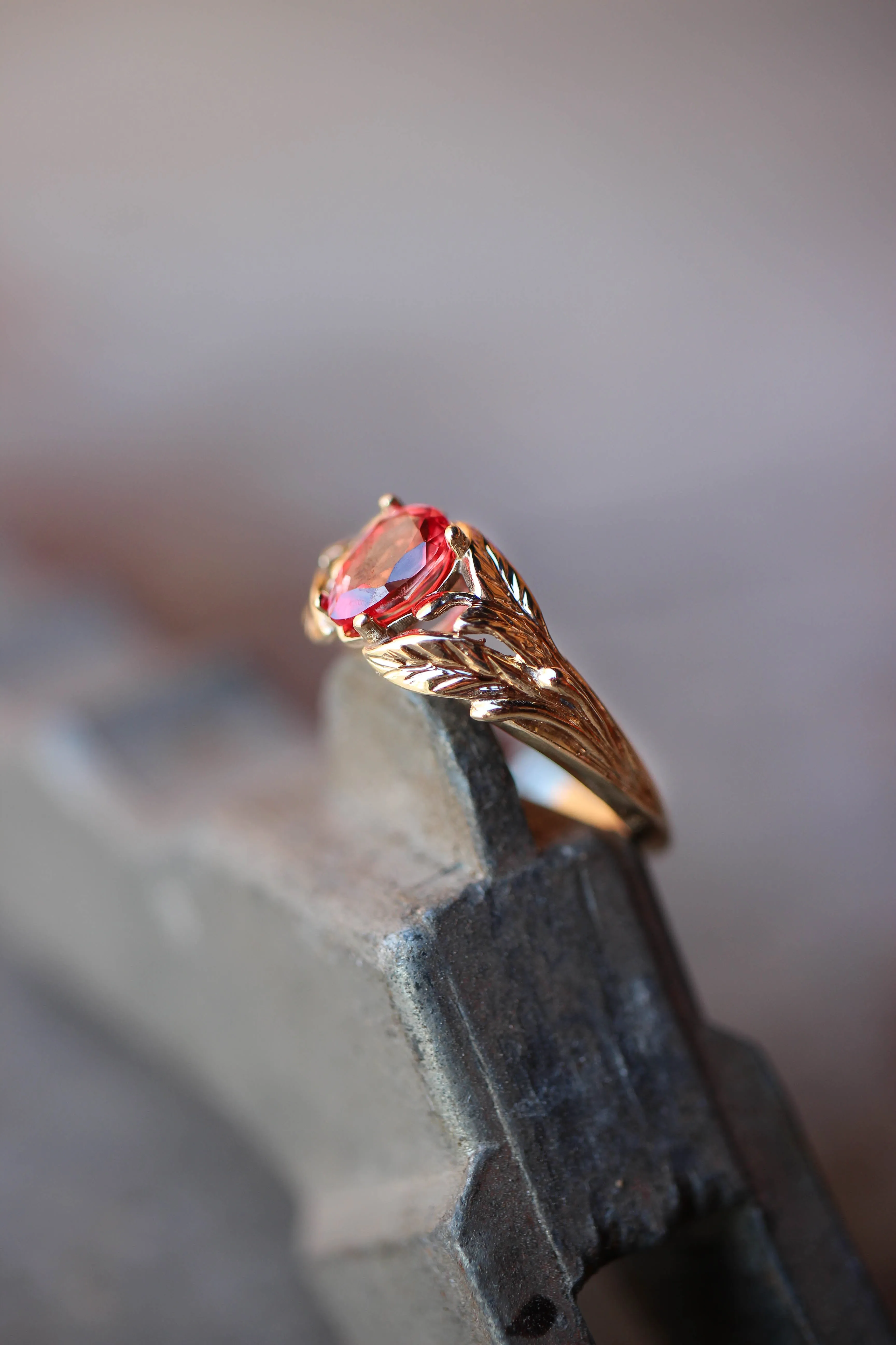 Padparadscha lab sapphire ring, leaves engagement ring / Wisteria