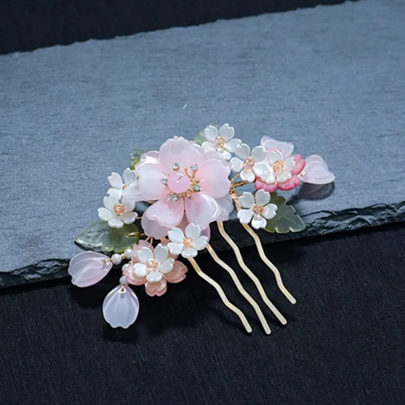 Peach White Floral Butterfly CZ Bridal Wedding Hair Comb Accessory