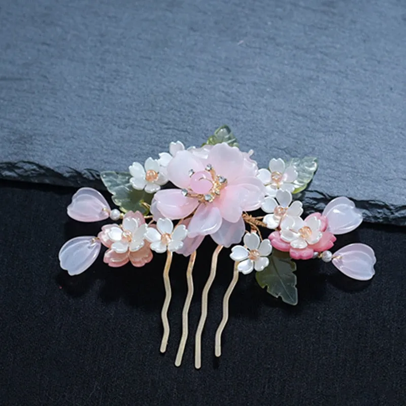 Peach White Floral Butterfly CZ Bridal Wedding Hair Comb Accessory