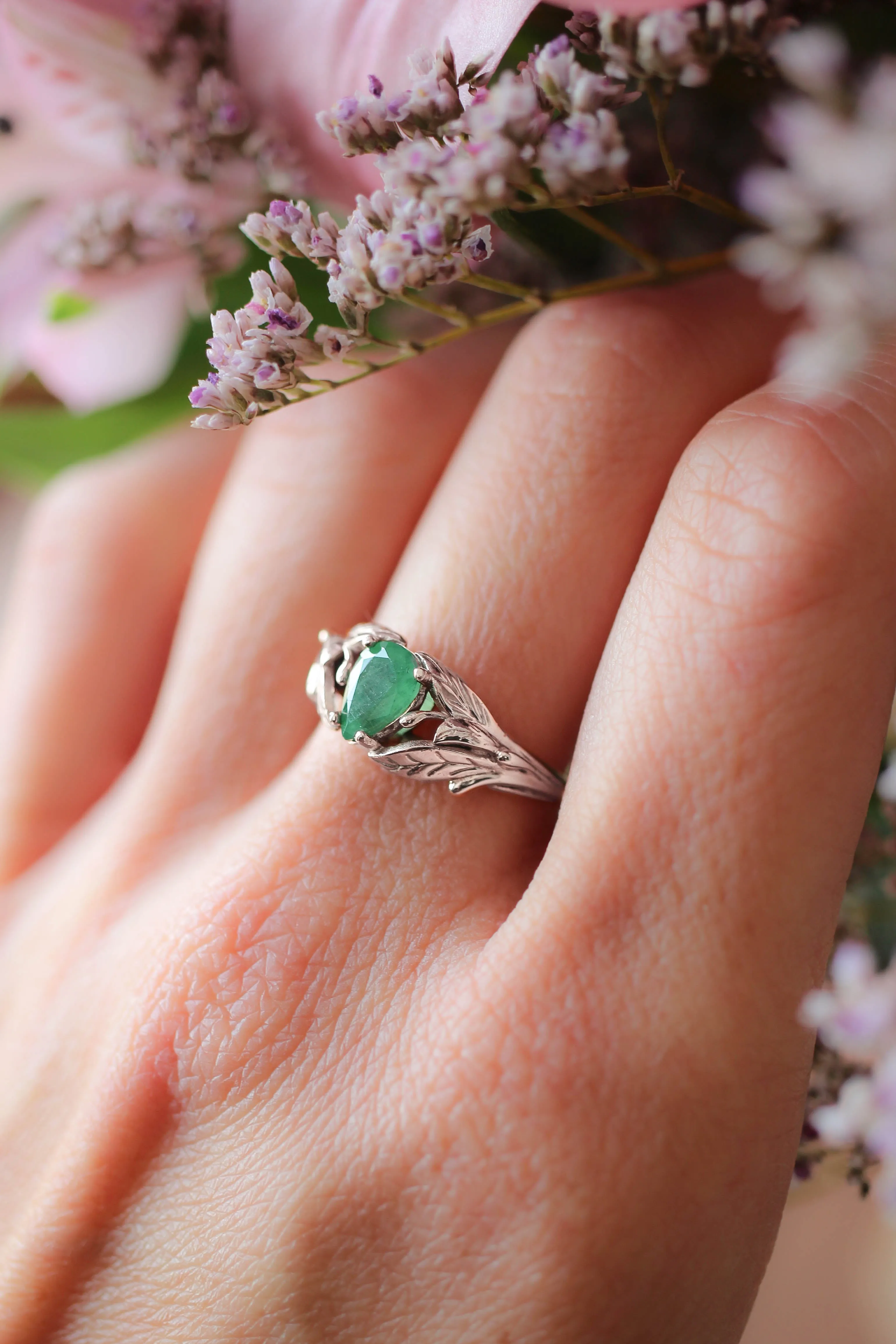 Pear cut emerald ring, leaves engagement ring / Wisteria