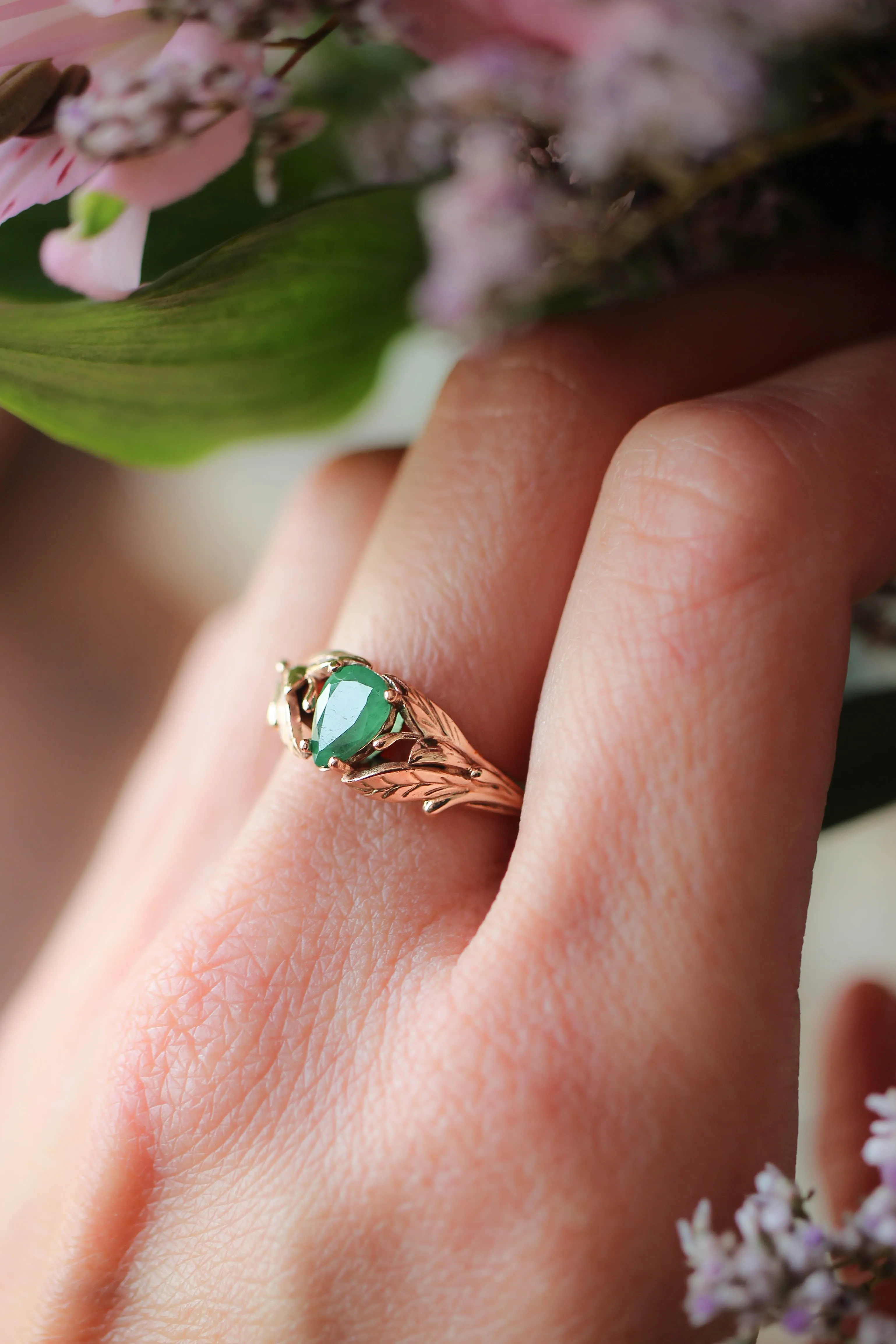 Pear cut emerald ring, leaves engagement ring / Wisteria