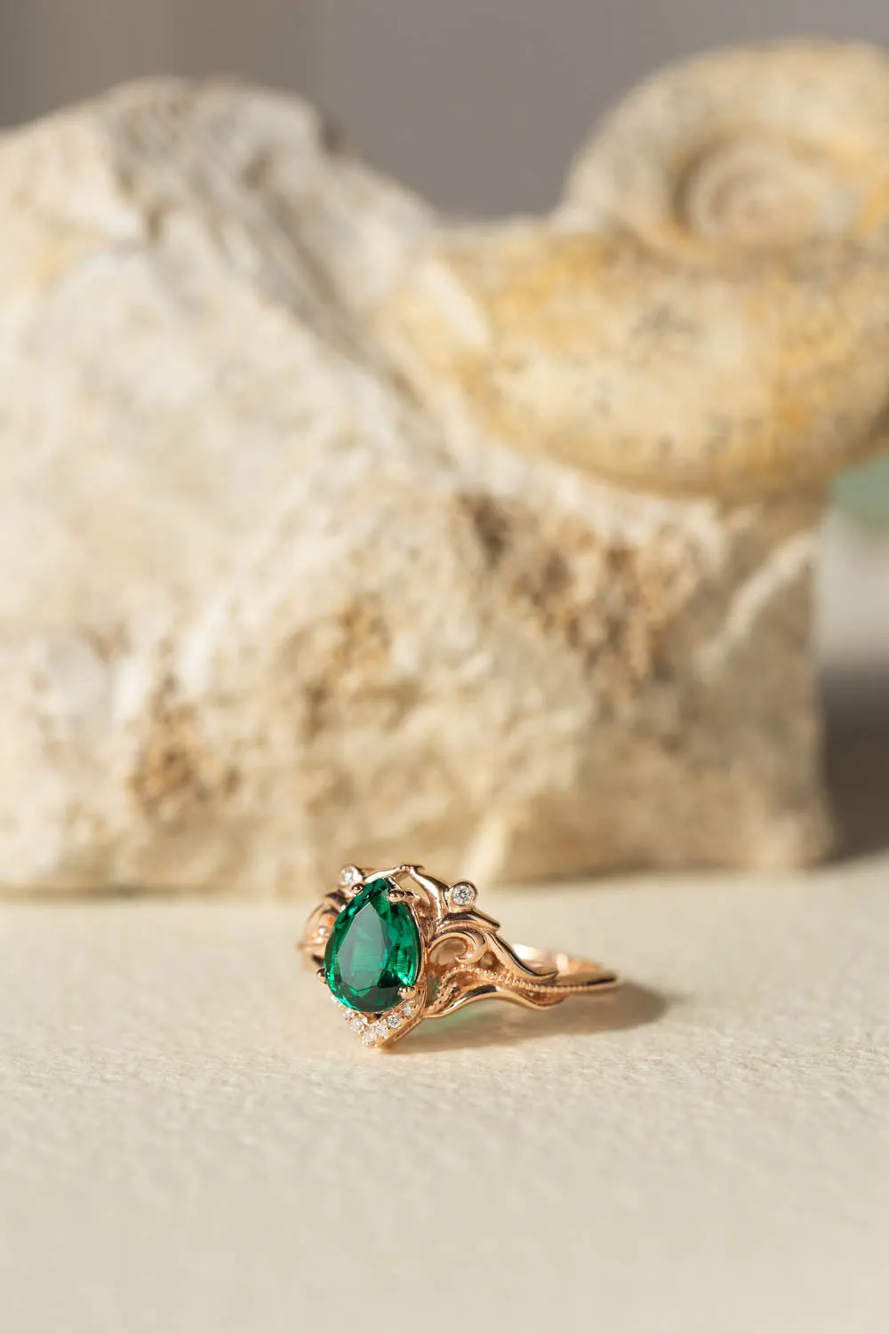 Pear lab emerald engagement ring, vintage inspired gold ring with diamonds / Lida small