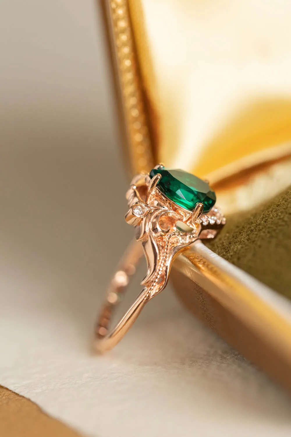 Pear lab emerald engagement ring, vintage inspired gold ring with diamonds / Lida small