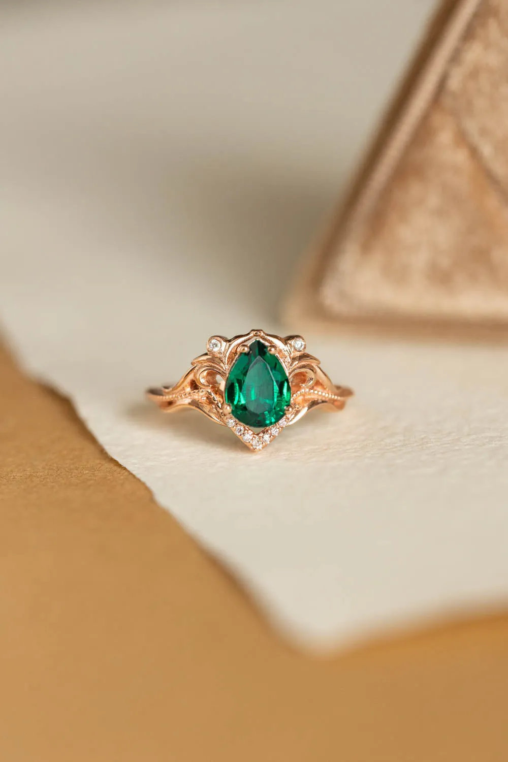 Pear lab emerald engagement ring, vintage inspired gold ring with diamonds / Lida small