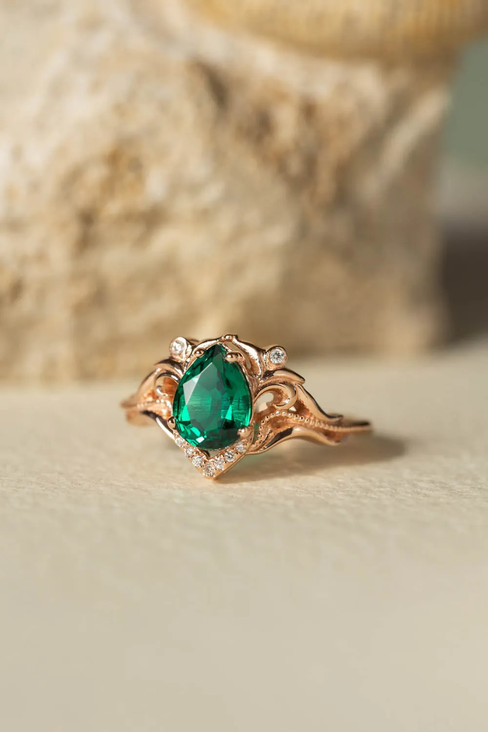 Pear lab emerald engagement ring, vintage inspired gold ring with diamonds / Lida small