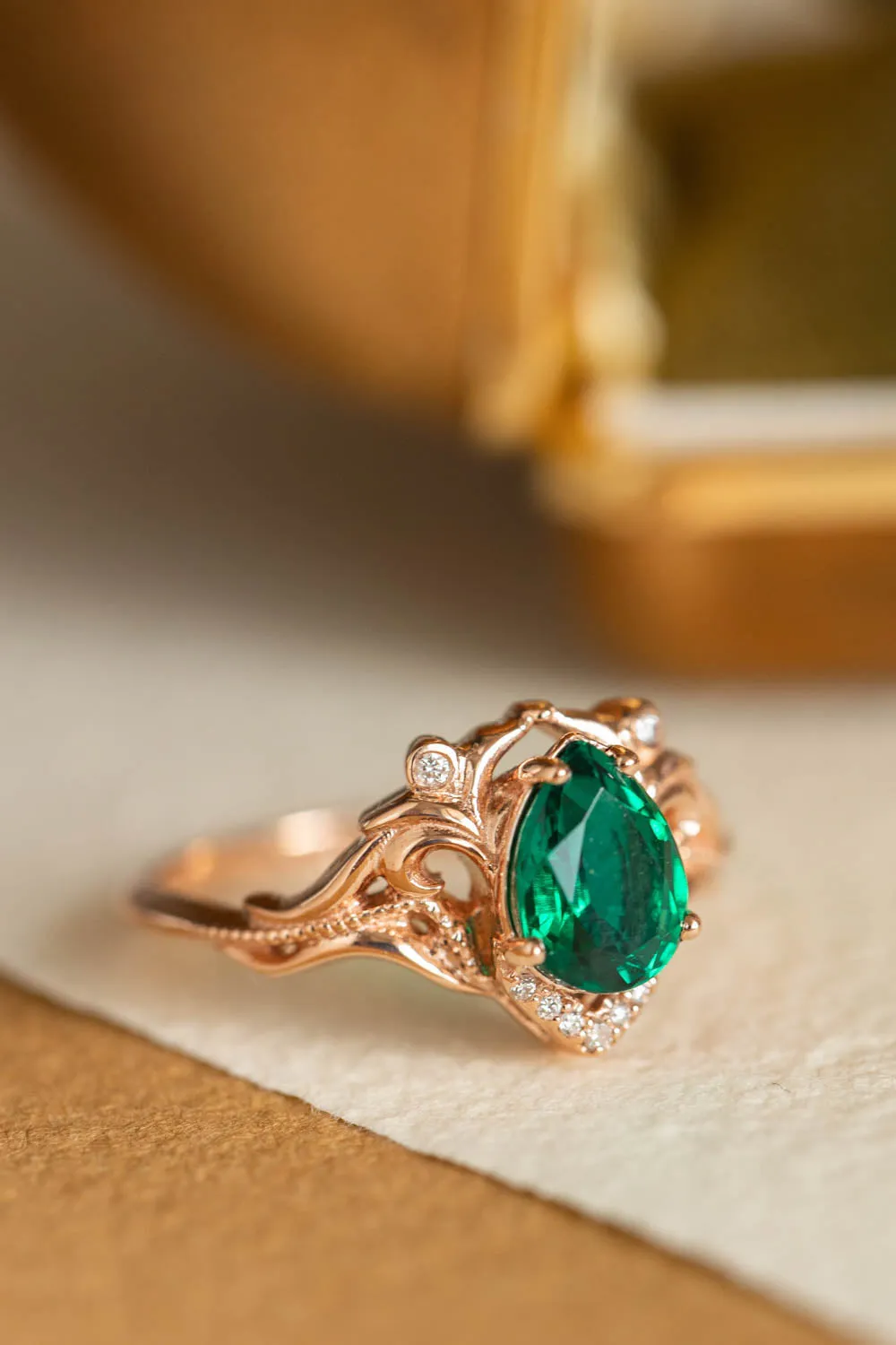 Pear lab emerald engagement ring, vintage inspired gold ring with diamonds / Lida small