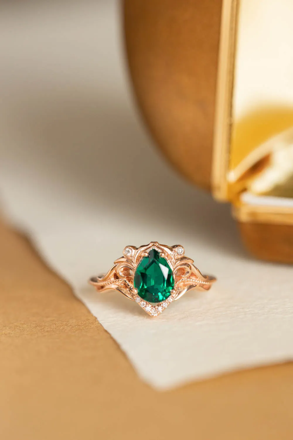 Pear lab emerald engagement ring, vintage inspired gold ring with diamonds / Lida small