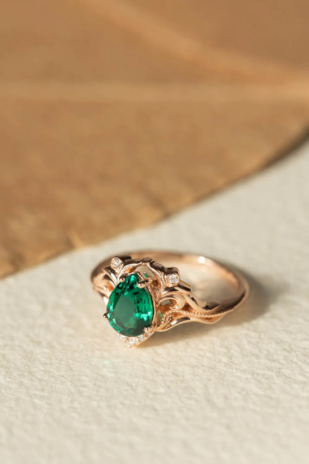 Pear lab emerald engagement ring, vintage inspired gold ring with diamonds / Lida small