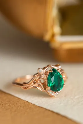 Pear lab emerald engagement ring, vintage inspired gold ring with diamonds / Lida small