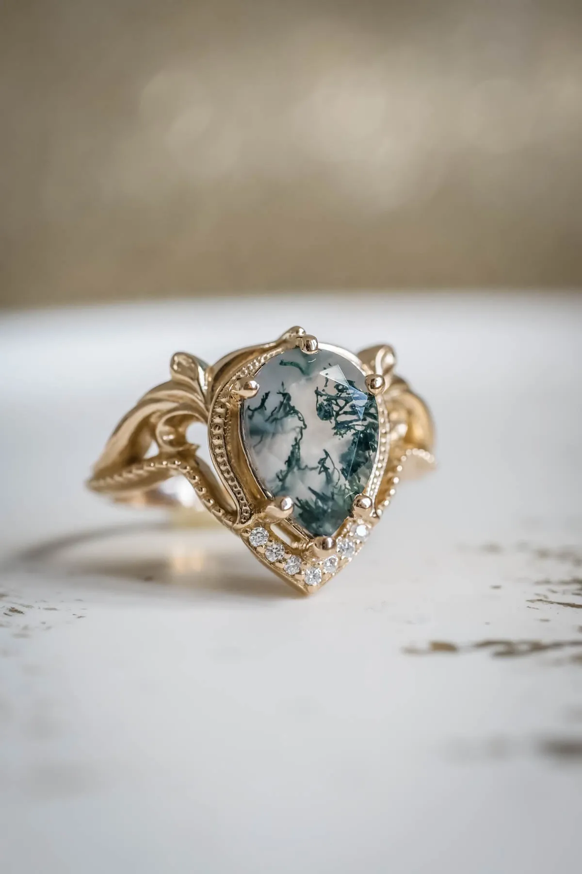 Pear moss agate engagement ring, gold statement ring / Lida