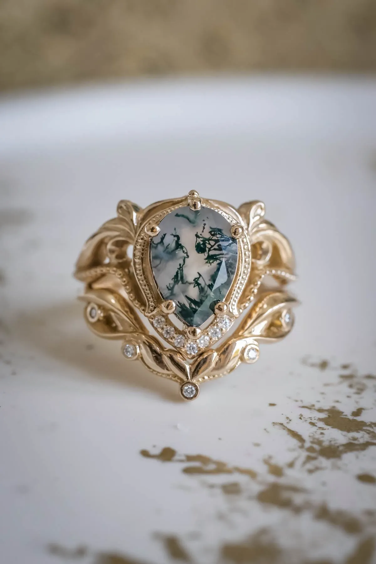 Pear moss agate engagement ring, gold statement ring / Lida