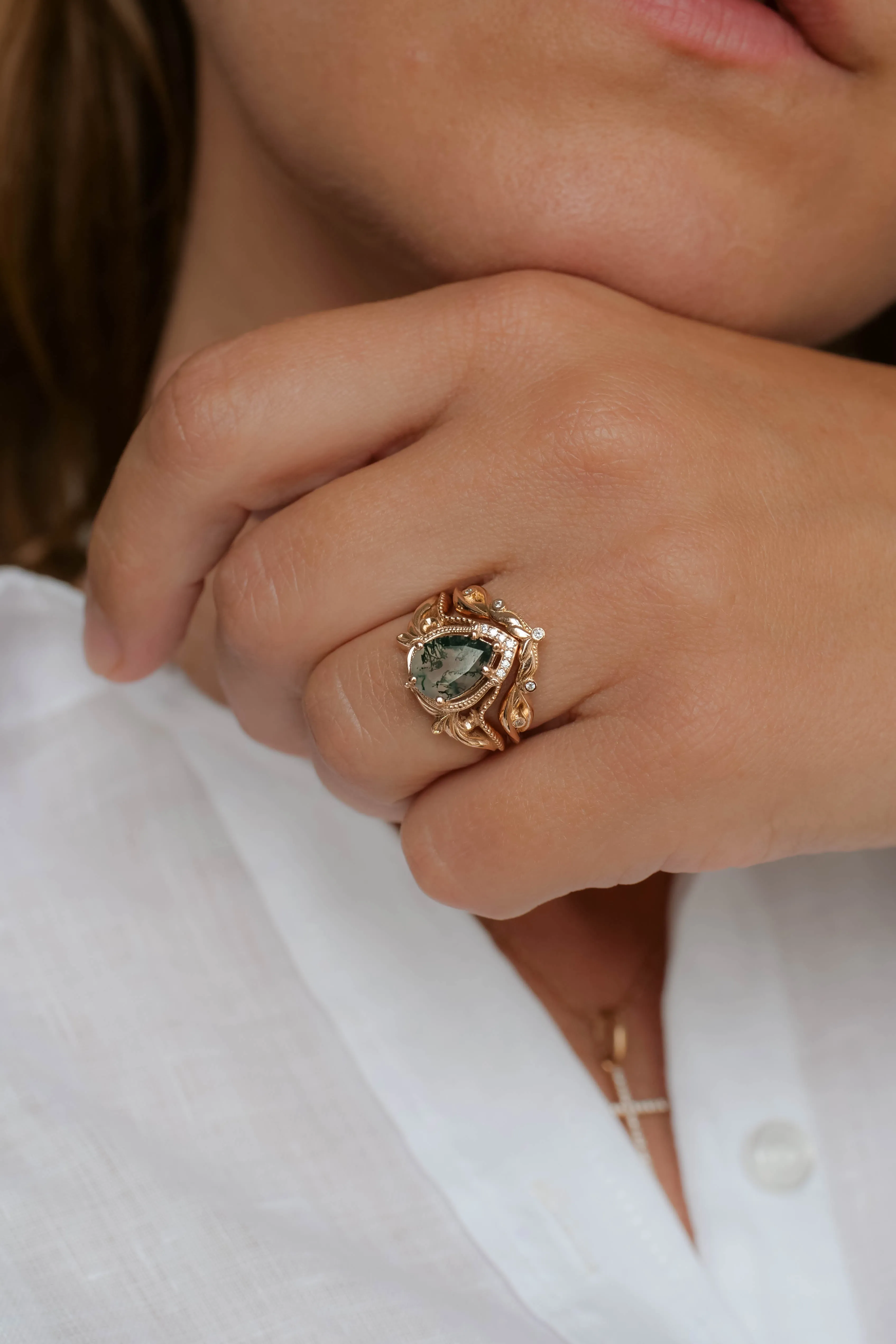 Pear moss agate engagement ring, gold statement ring / Lida