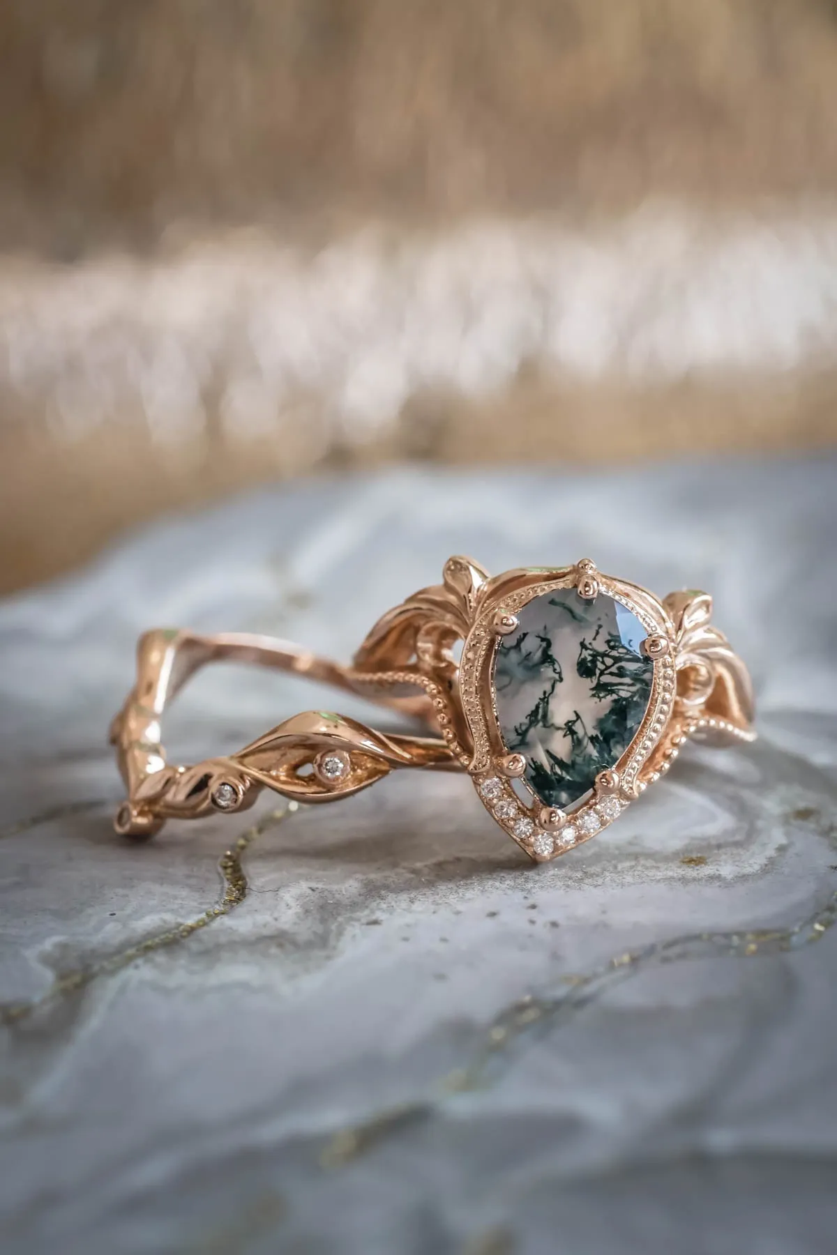 Pear moss agate engagement ring, gold statement ring / Lida