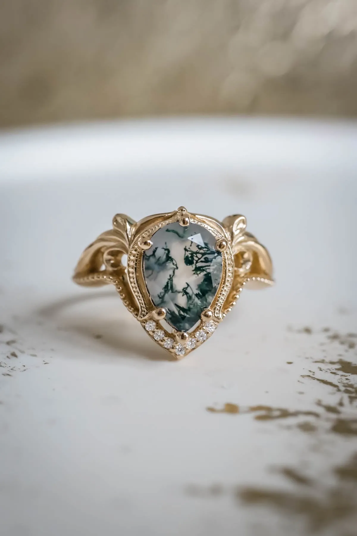 Pear moss agate engagement ring, gold statement ring / Lida