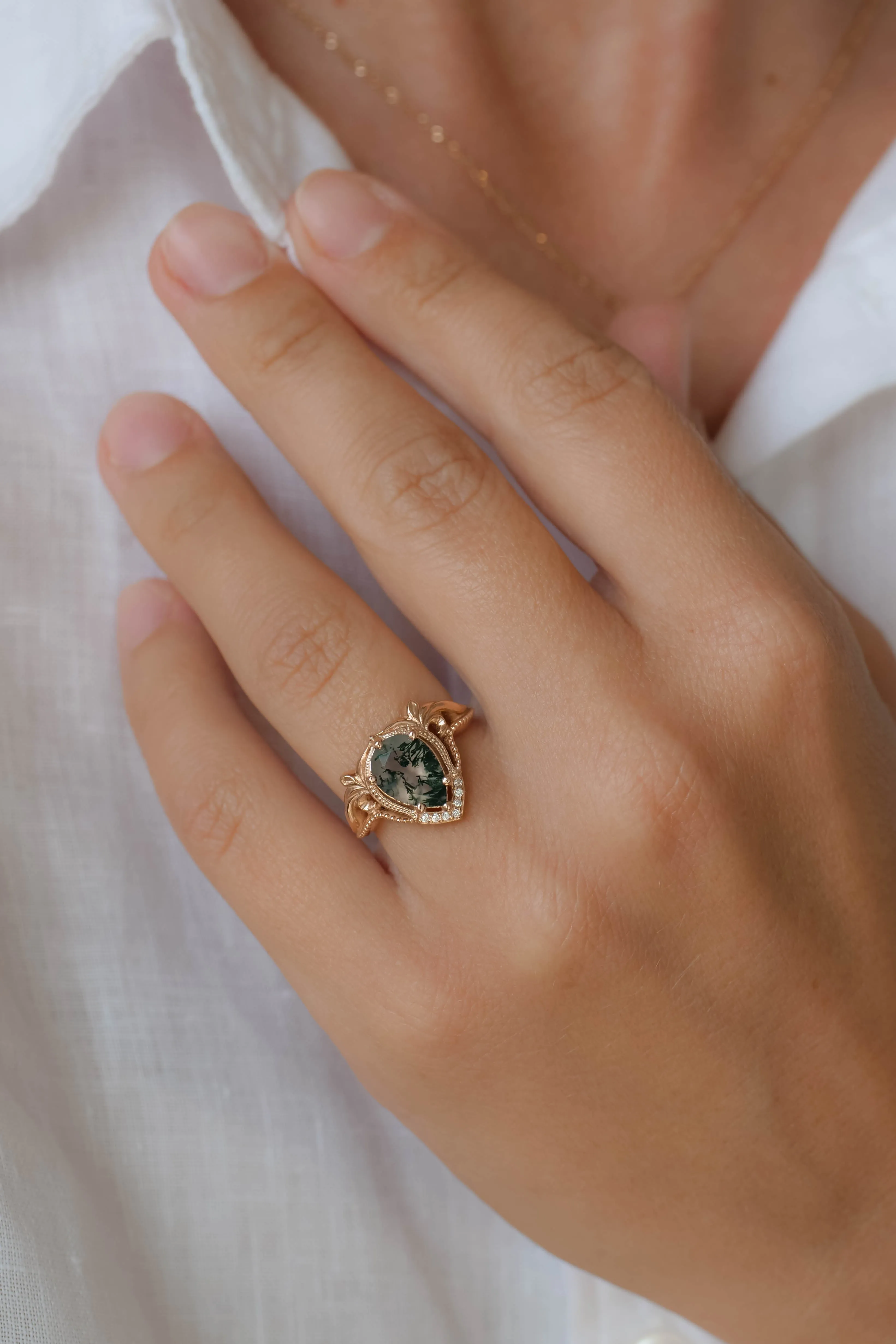 Pear moss agate engagement ring, gold statement ring / Lida