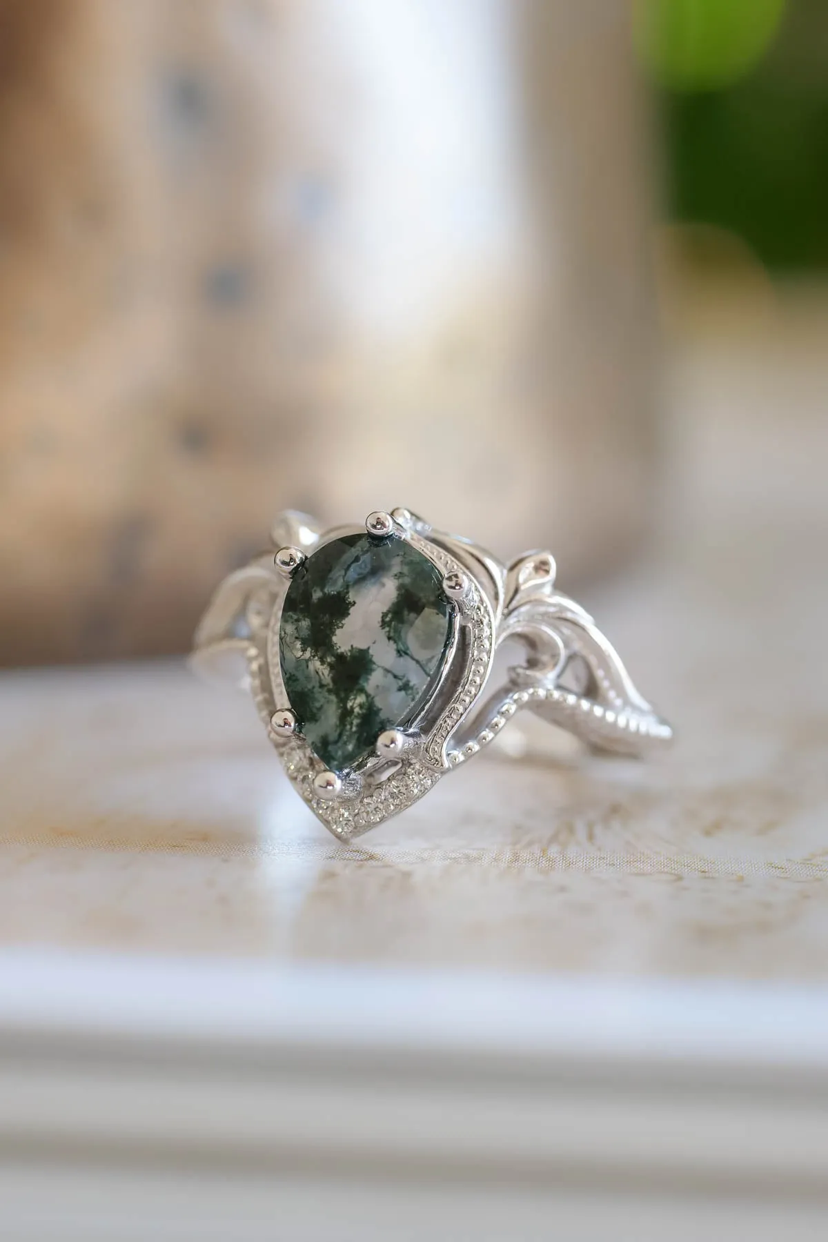 Pear moss agate engagement ring, gold statement ring / Lida