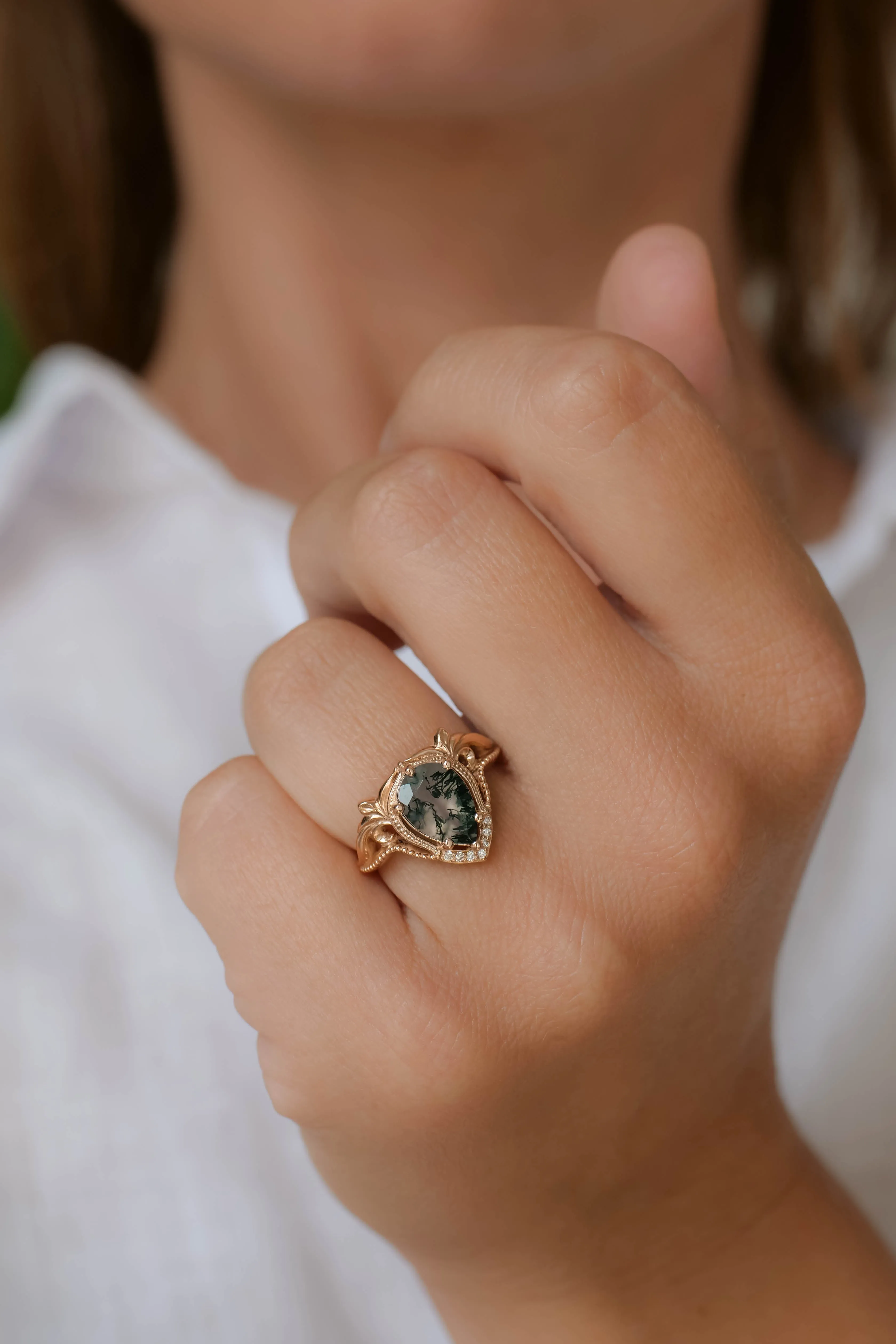 Pear moss agate engagement ring, gold statement ring / Lida