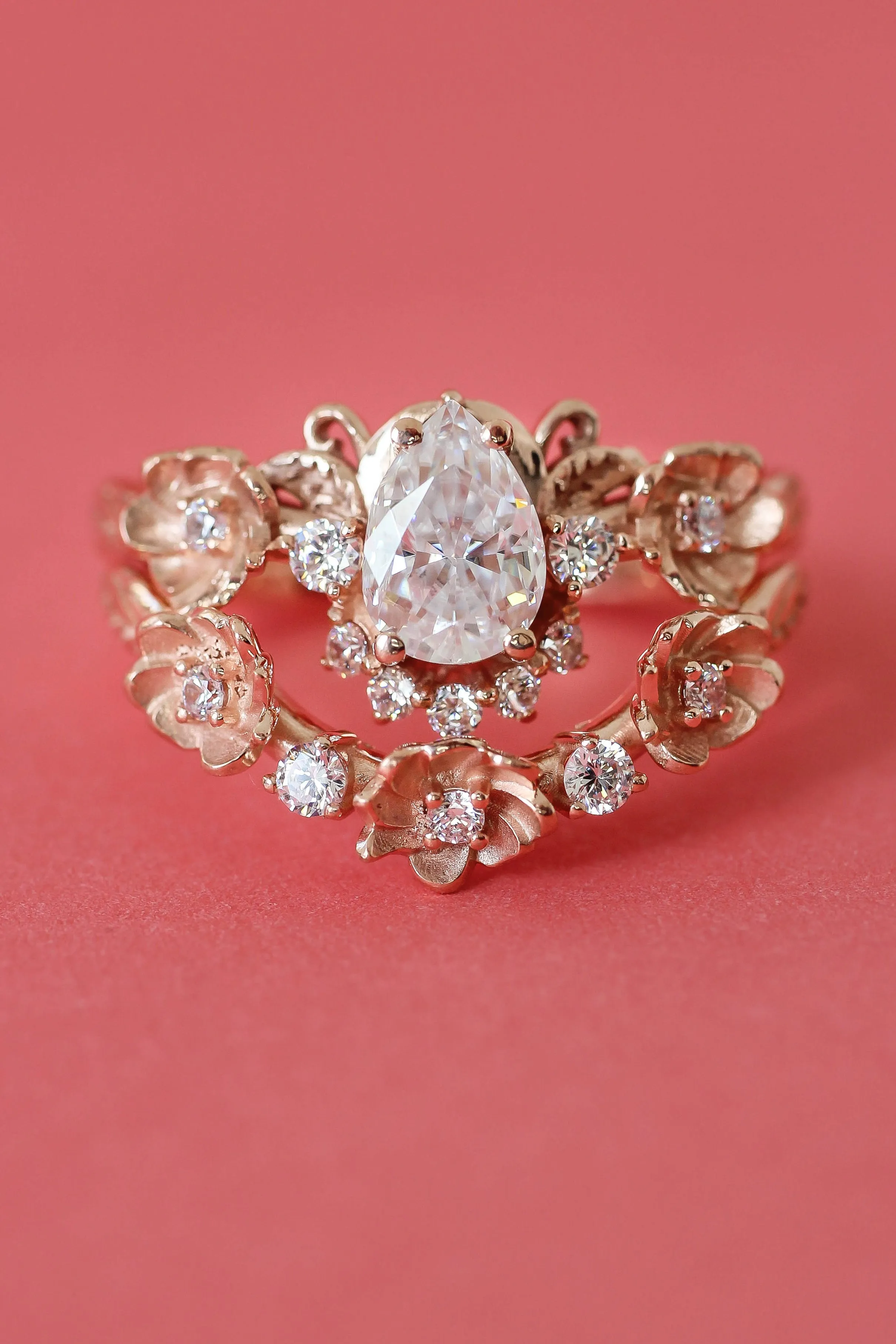 Pear white sapphire flower engagement ring set, rose gold bridal ring set with diamonds / Adelina