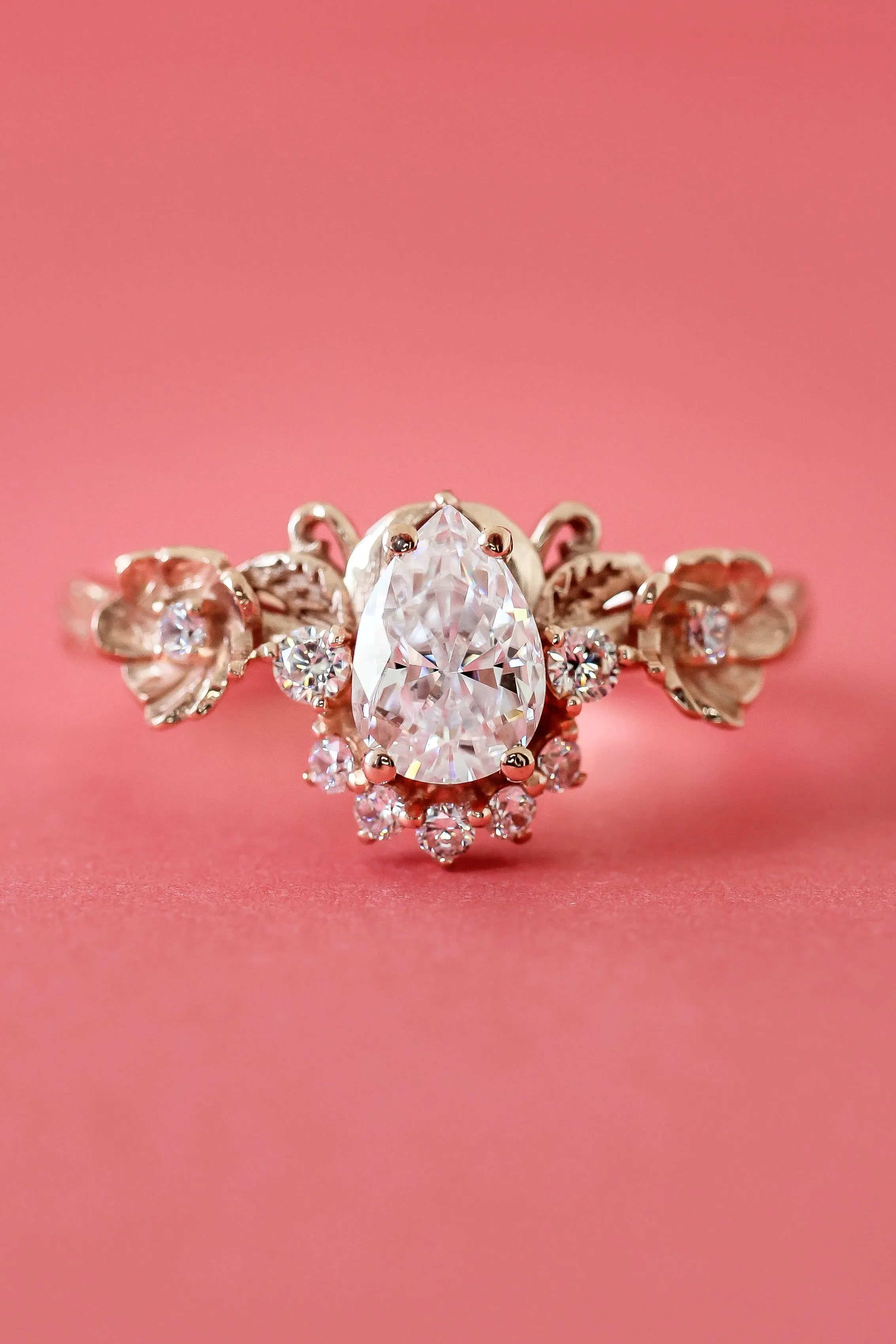 Pear white sapphire flower engagement ring set, rose gold bridal ring set with diamonds / Adelina