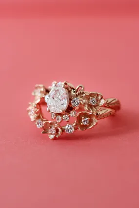 Pear white sapphire flower engagement ring set, rose gold bridal ring set with diamonds / Adelina