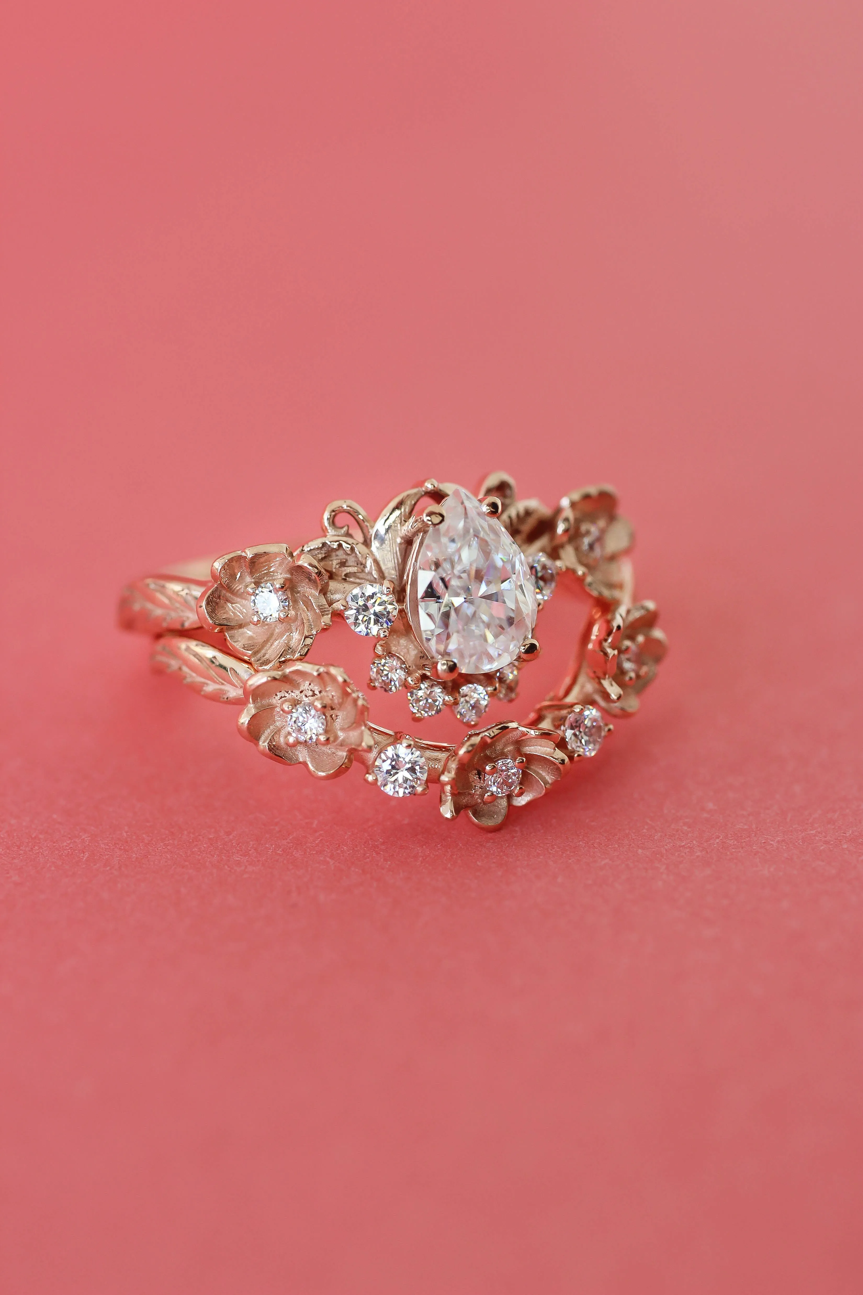 Pear white sapphire flower engagement ring set, rose gold bridal ring set with diamonds / Adelina