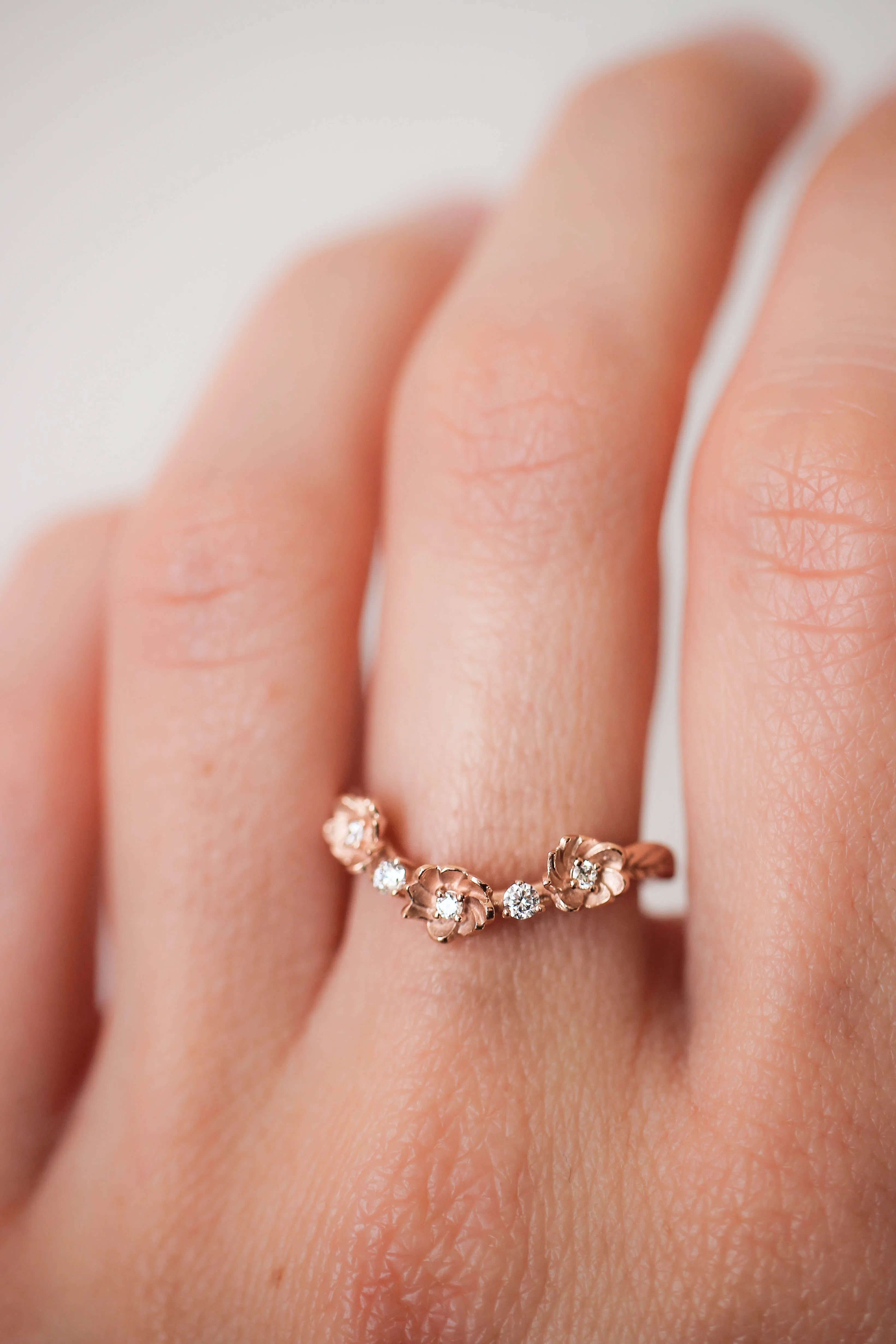 Pear white sapphire flower engagement ring set, rose gold bridal ring set with diamonds / Adelina