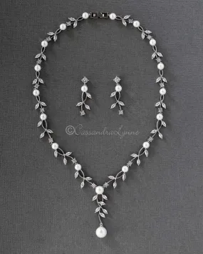 Pearl Bridal Necklace of Marquise CZ Vines