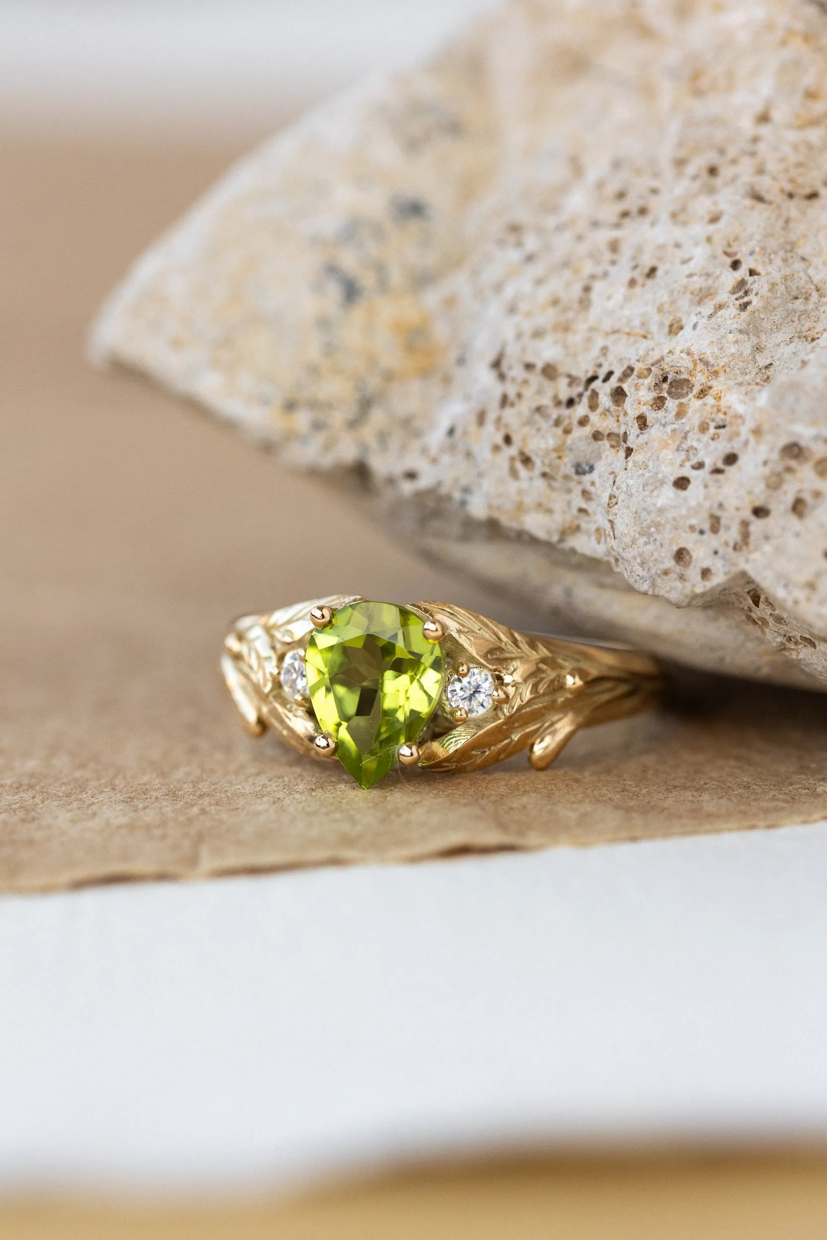 Peridot engagement ring, nature inspired gold ring with side diamonds / Wisteria