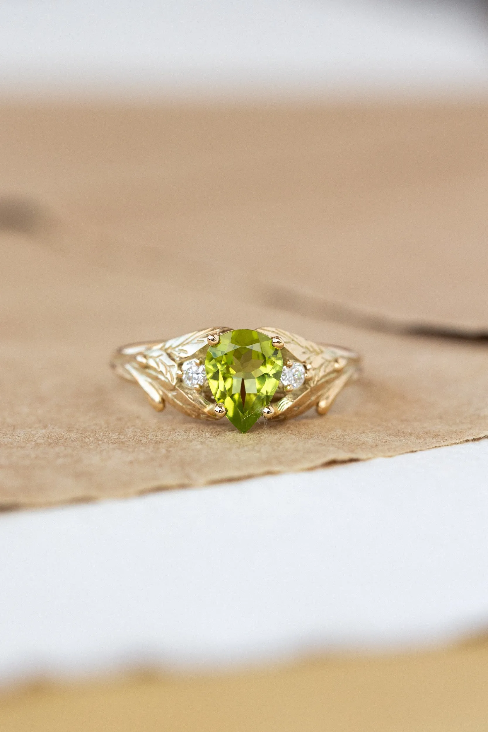 Peridot engagement ring, nature inspired gold ring with side diamonds / Wisteria