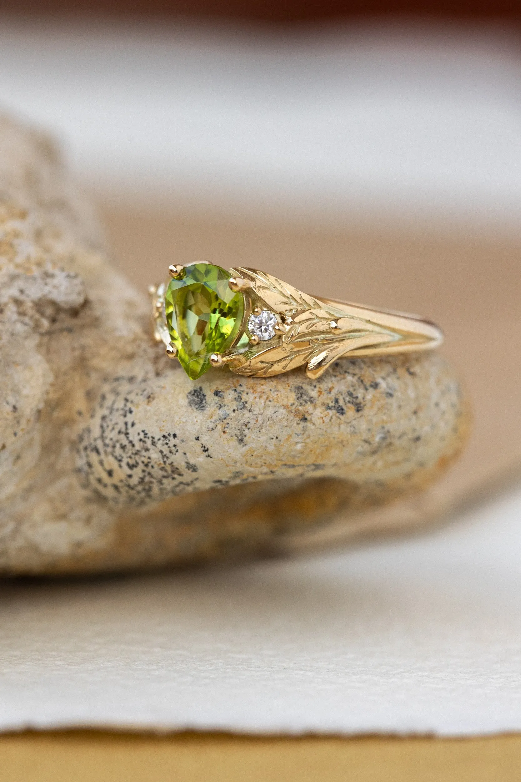 Peridot engagement ring, nature inspired gold ring with side diamonds / Wisteria