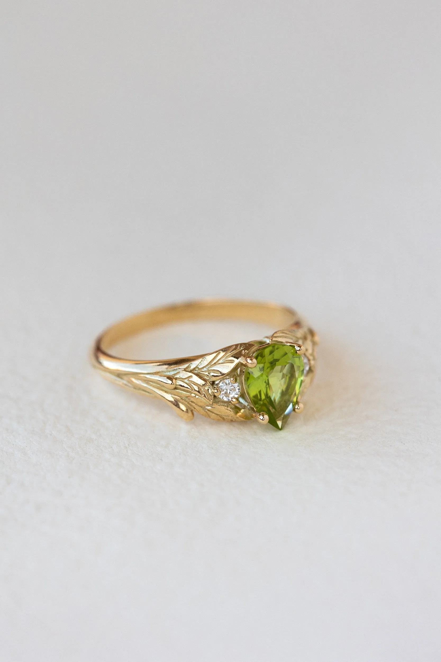 Peridot engagement ring, nature inspired gold ring with side diamonds / Wisteria