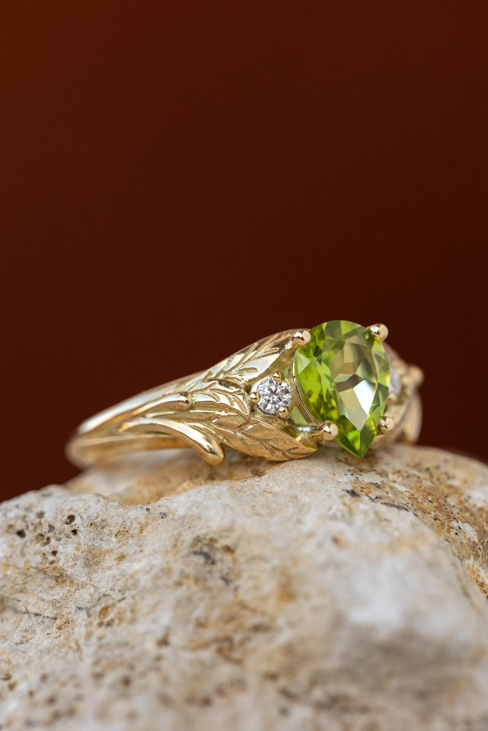 Peridot engagement ring, nature inspired gold ring with side diamonds / Wisteria