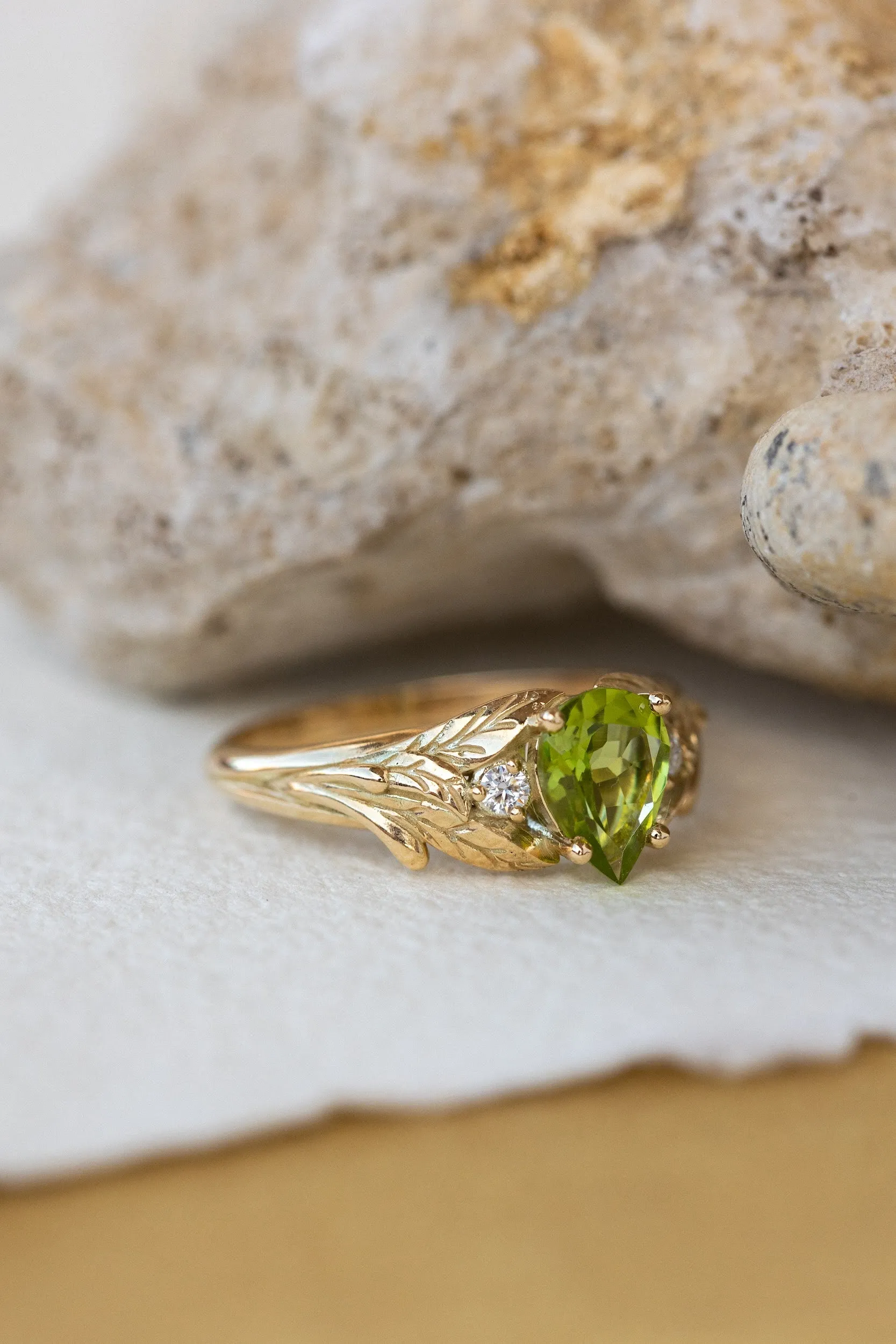 Peridot engagement ring, nature inspired gold ring with side diamonds / Wisteria