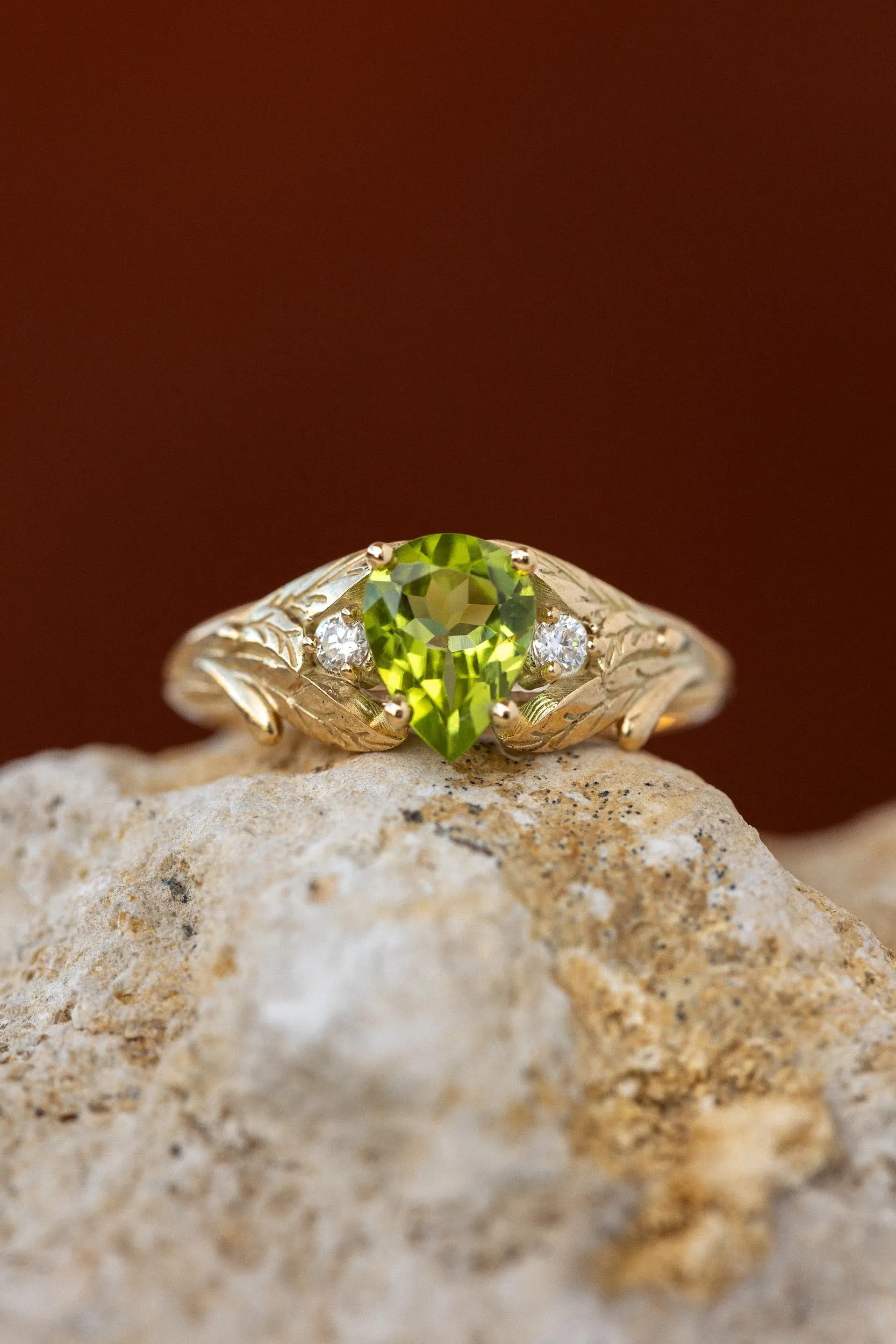 Peridot engagement ring, nature inspired gold ring with side diamonds / Wisteria