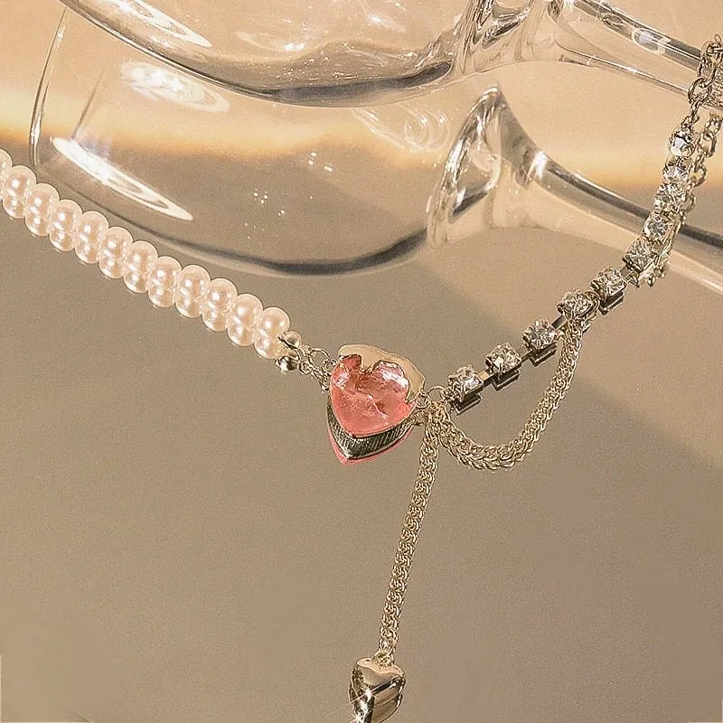 Pink Heart Pearl Chain Necklace - Lovesickdoe