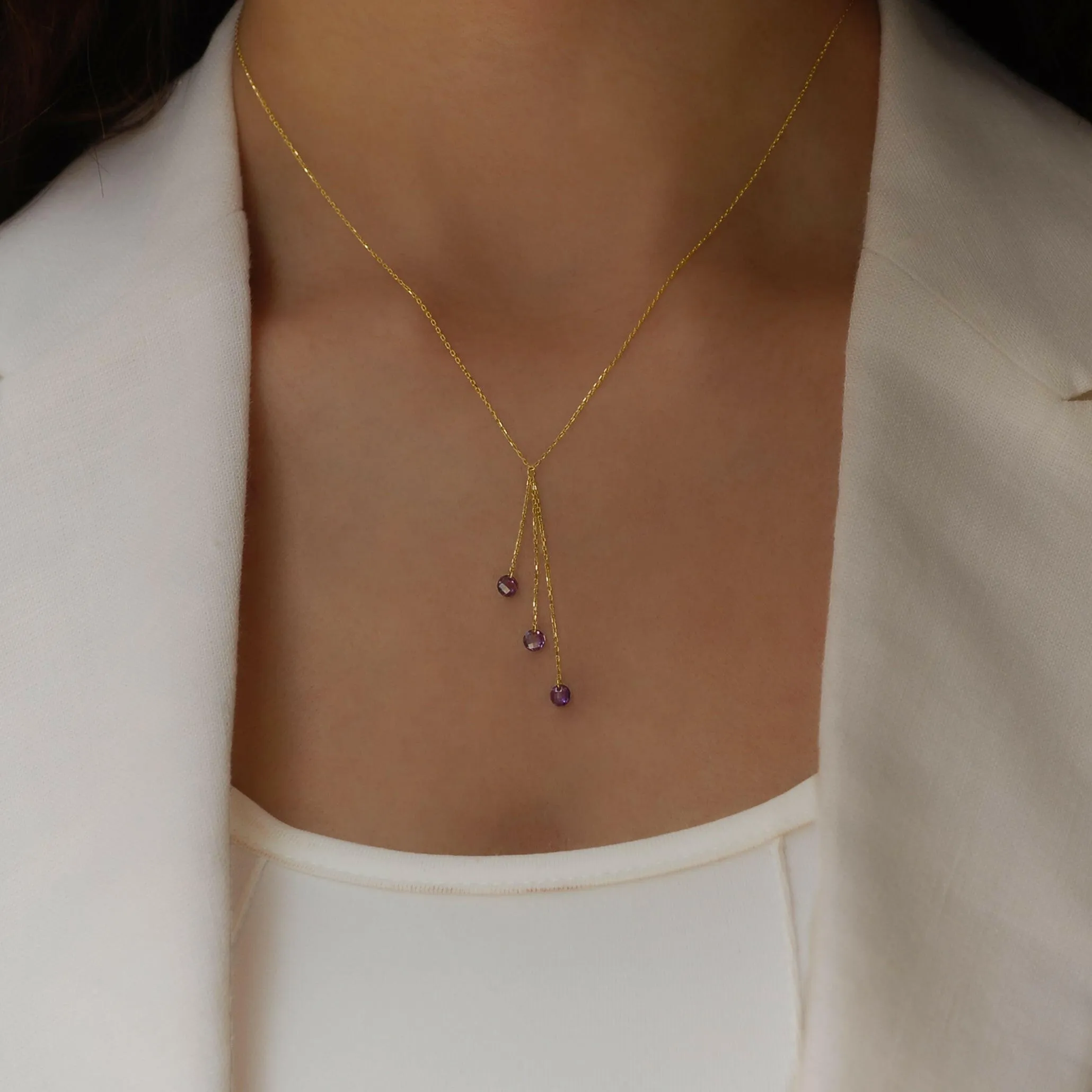 Purple Stone Y Necklace | 14K Solid Gold