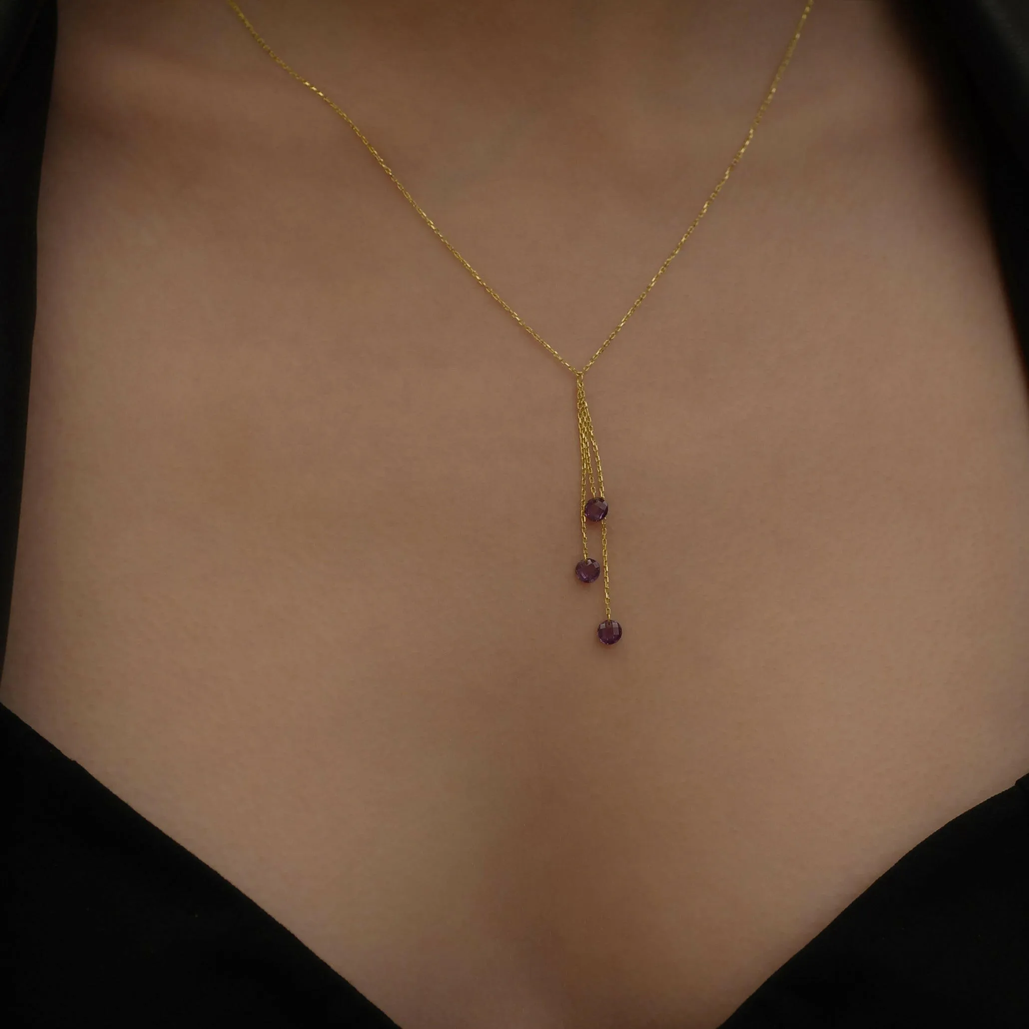 Purple Stone Y Necklace | 14K Solid Gold