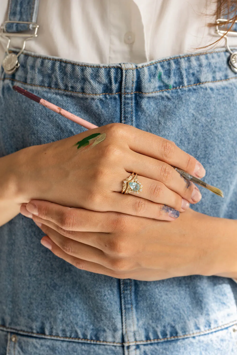 READY TO SHIP: Ariadne bridal ring set in 14K yellow gold, natural aquamarine 10x7 mm, moissanites, RING SIZE - 7 US