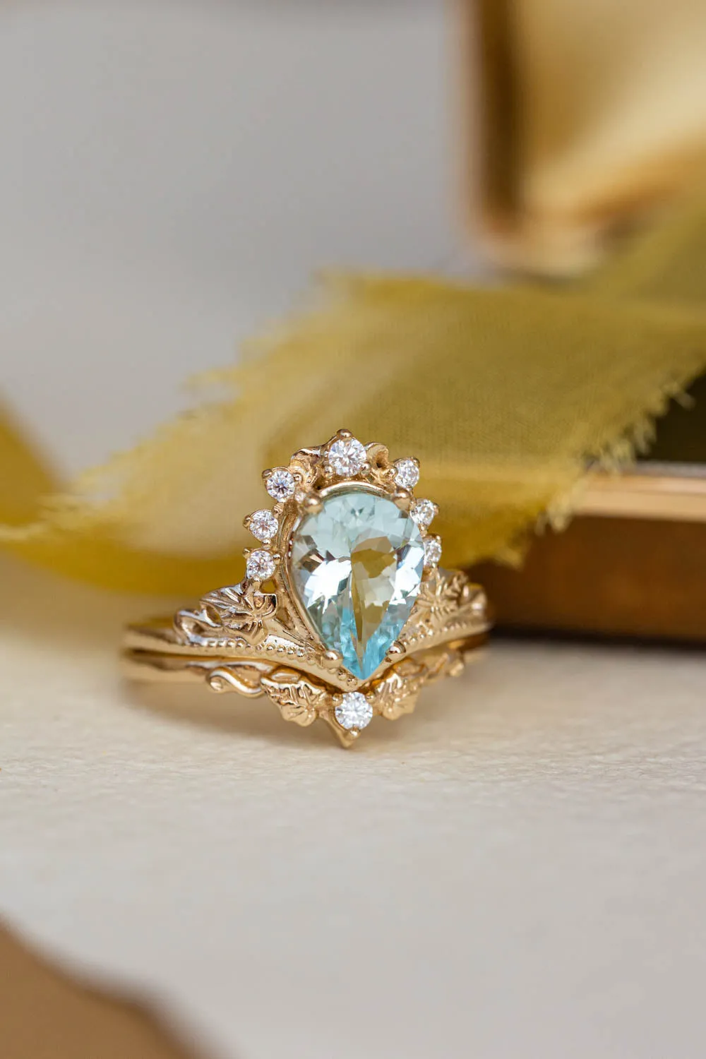 READY TO SHIP: Ariadne bridal ring set in 14K yellow gold, natural aquamarine 10x7 mm, moissanites, RING SIZE - 7 US