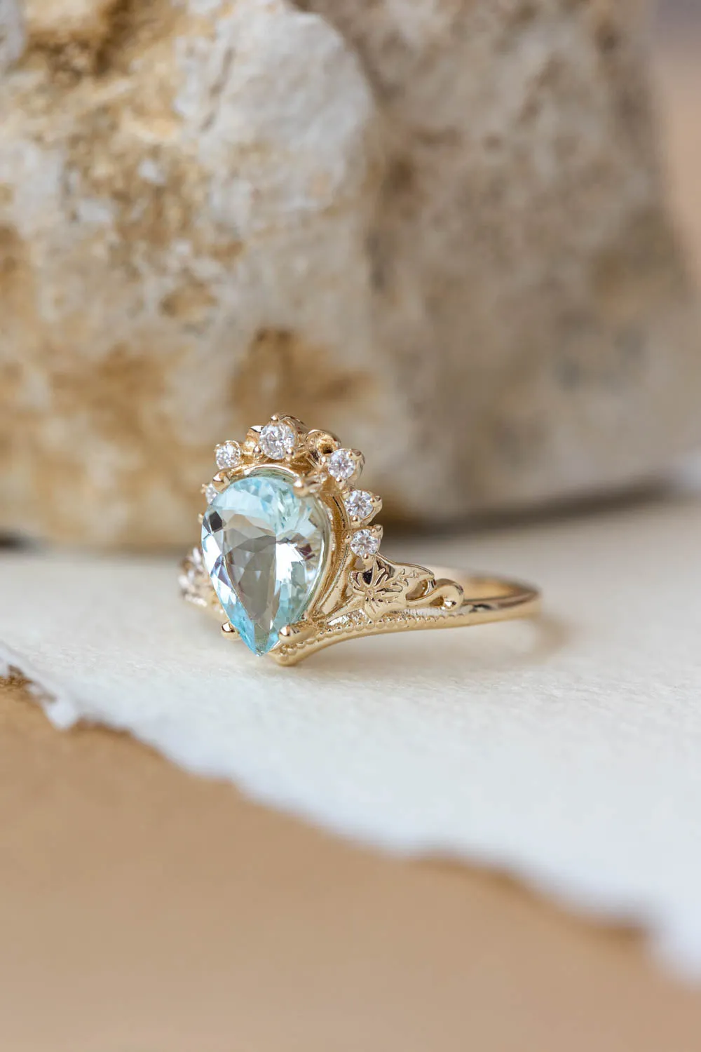 READY TO SHIP: Ariadne bridal ring set in 14K yellow gold, natural aquamarine 10x7 mm, moissanites, RING SIZE - 7 US