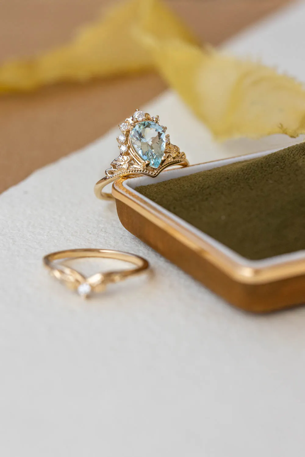 READY TO SHIP: Ariadne bridal ring set in 14K yellow gold, natural aquamarine 10x7 mm, moissanites, RING SIZE - 7 US