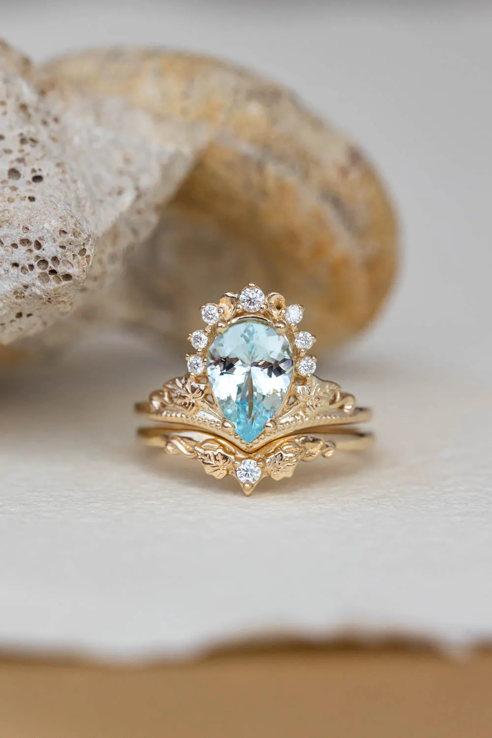 READY TO SHIP: Ariadne bridal ring set in 14K yellow gold, natural aquamarine 10x7 mm, moissanites, RING SIZE - 7 US